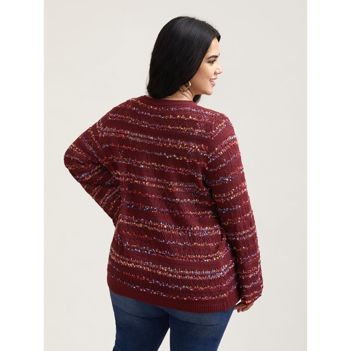 Plus Size Striped Front-Tie Cut-Out Cardigan Deepred Women Casual Loose Long Sleeve Everyday Cardigans BloomChic 28/5X Product Image