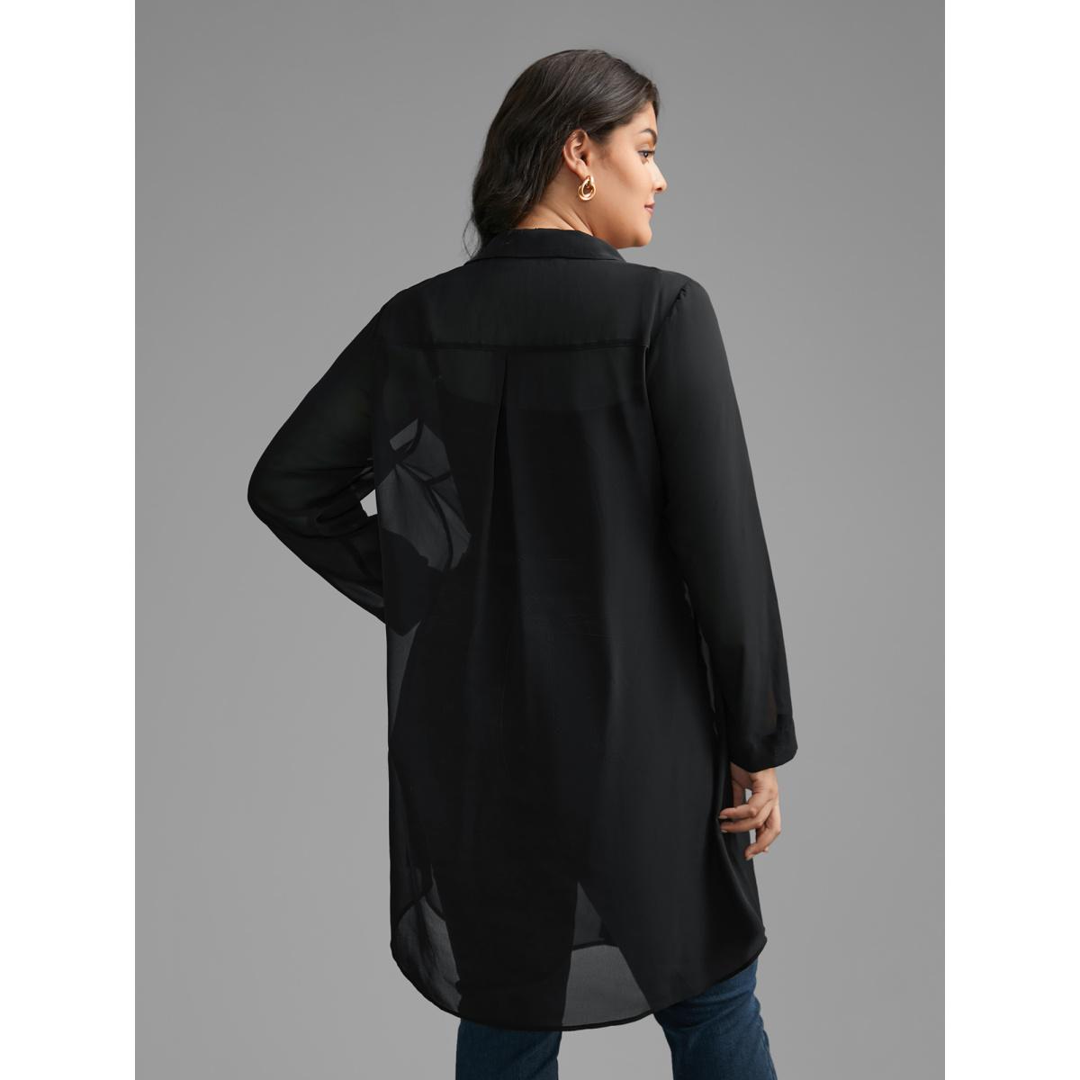 Plus Size Black Chiffon Mesh Pleated Tunic Blouse Women Elegant Long Sleeve Shirt collar Everyday Blouses BloomChic 30/6X Product Image