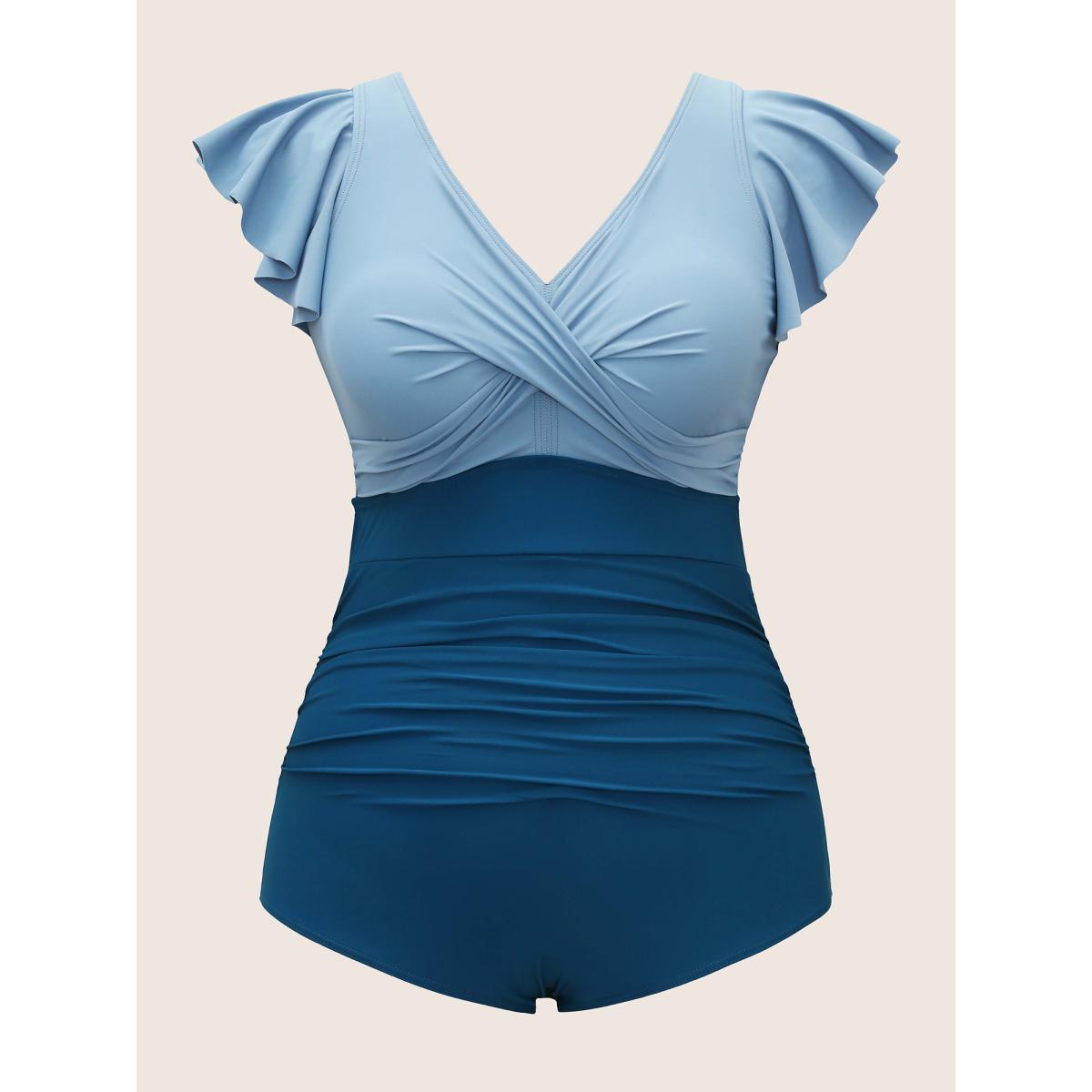 Plus Size Two Tone Gathered Ruffle Sleeve One Piece Swimsuit Women's Swimwear Indigo Beach Twist Curve Bathing Suits High stretch One Pieces BloomChic 10/M Product Image