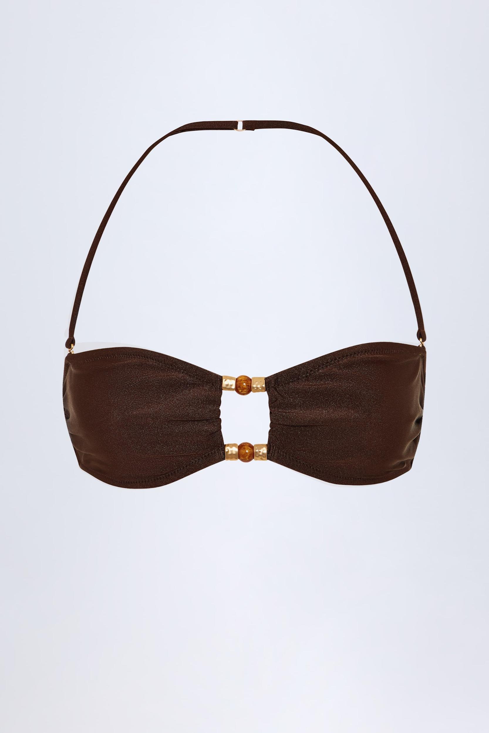 Bead-Embellished Bandeau Bikini Top in Dark Chocolate Product Image