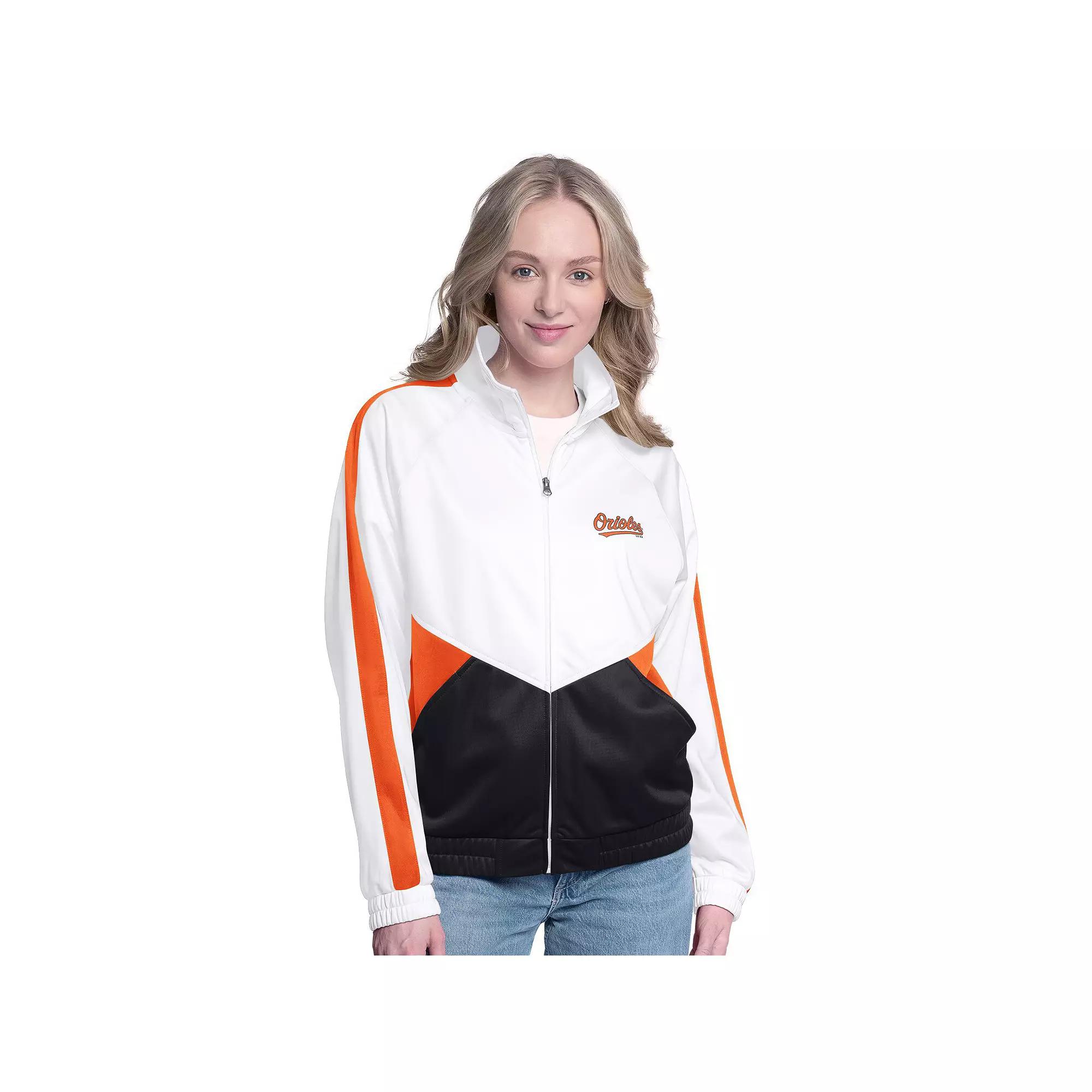 Women's G-III Sports by Carl Banks  White/Orange Baltimore Orioles Rally Rhinestone Raglan Full-Zip Track Jacket, Size: XXL Product Image