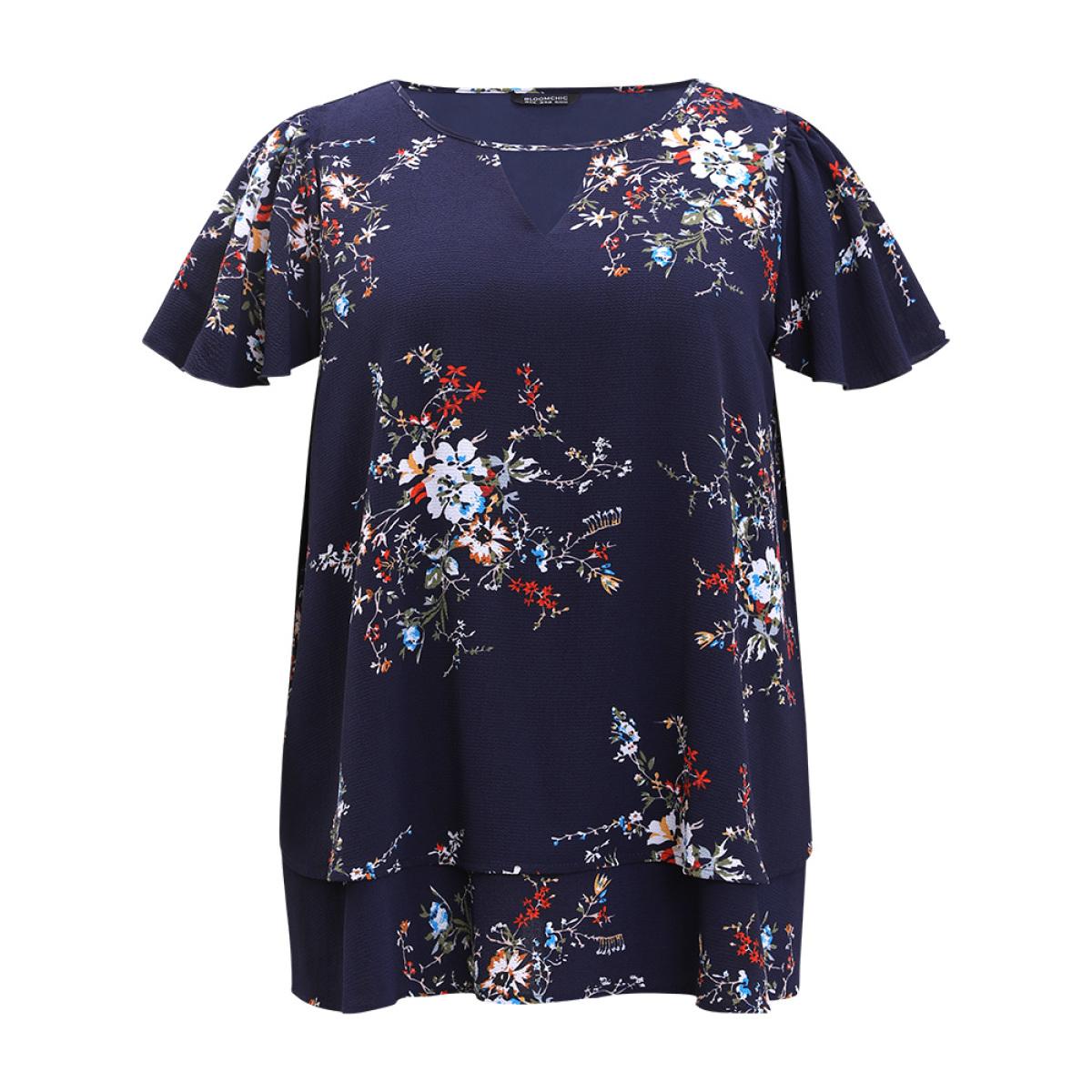 Plus Size Indigo Floral Print Keyhole Flutter Sleeve Blouse Women Elegant Short sleeve Keyhole Cut-Out Dailywear Blouses BloomChic 28/5X Product Image
