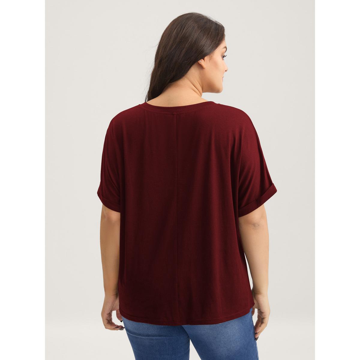 Plus Size Supersoft Stretchy Zirconia Design T-Shirt Burgundy Women Rhinestone detailing V-neck Everyday-Casual T-shirts BloomChic 10/M Product Image