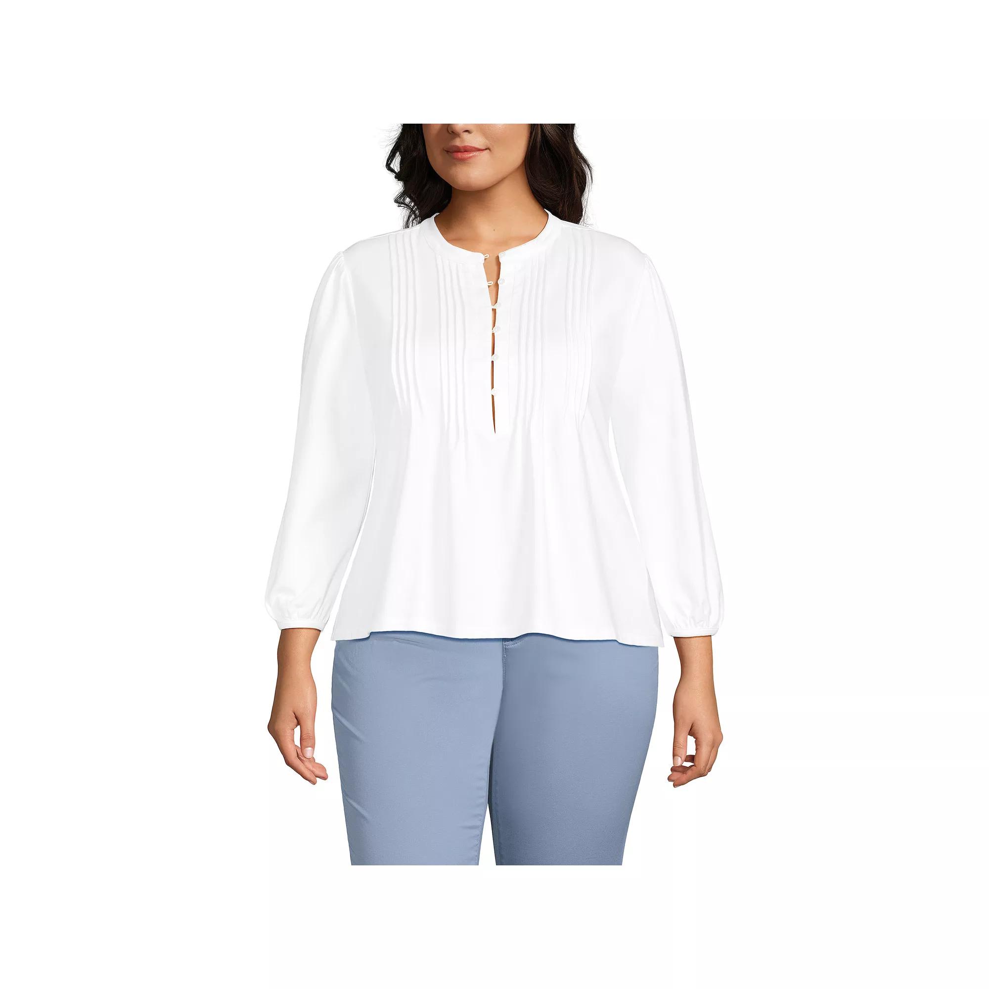 Plus Size Lands' End Lightweight Jersey Button Pintuck Top, Women's, Size: 1XL, Blue Pin Dot Product Image