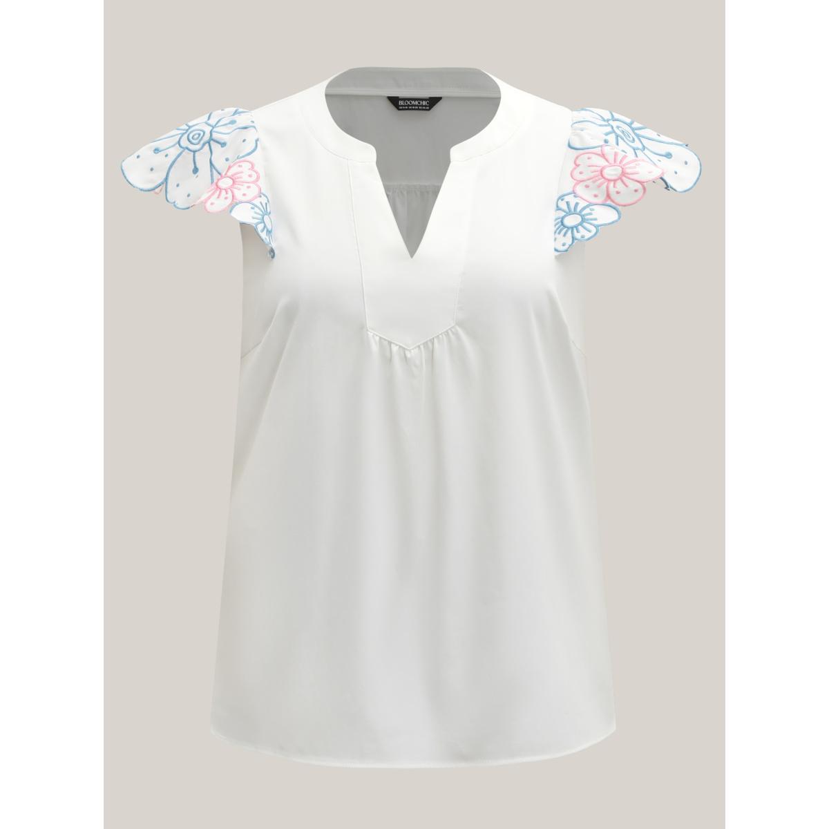 Plus Size Originalwhite Floral Lotus Leaf Sleeve Split Neck Blouse Women Cap Sleeve Notched collar Casual Blouses BloomChic 10/M Product Image