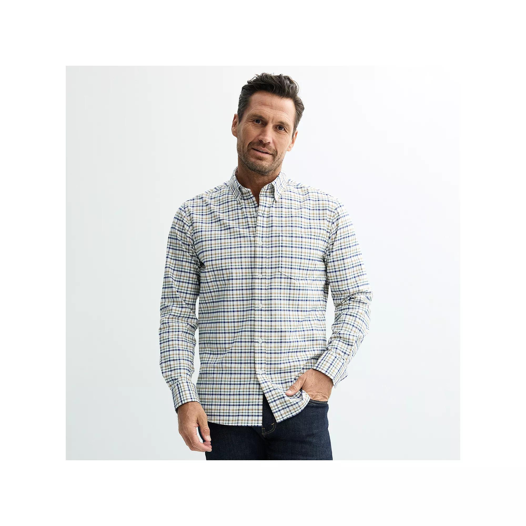 Men's Sonoma Goods For Life® Long Sleeve Perfect Length Button-Down Shirt, Size: Medium, Ivory Navy Plaid Product Image