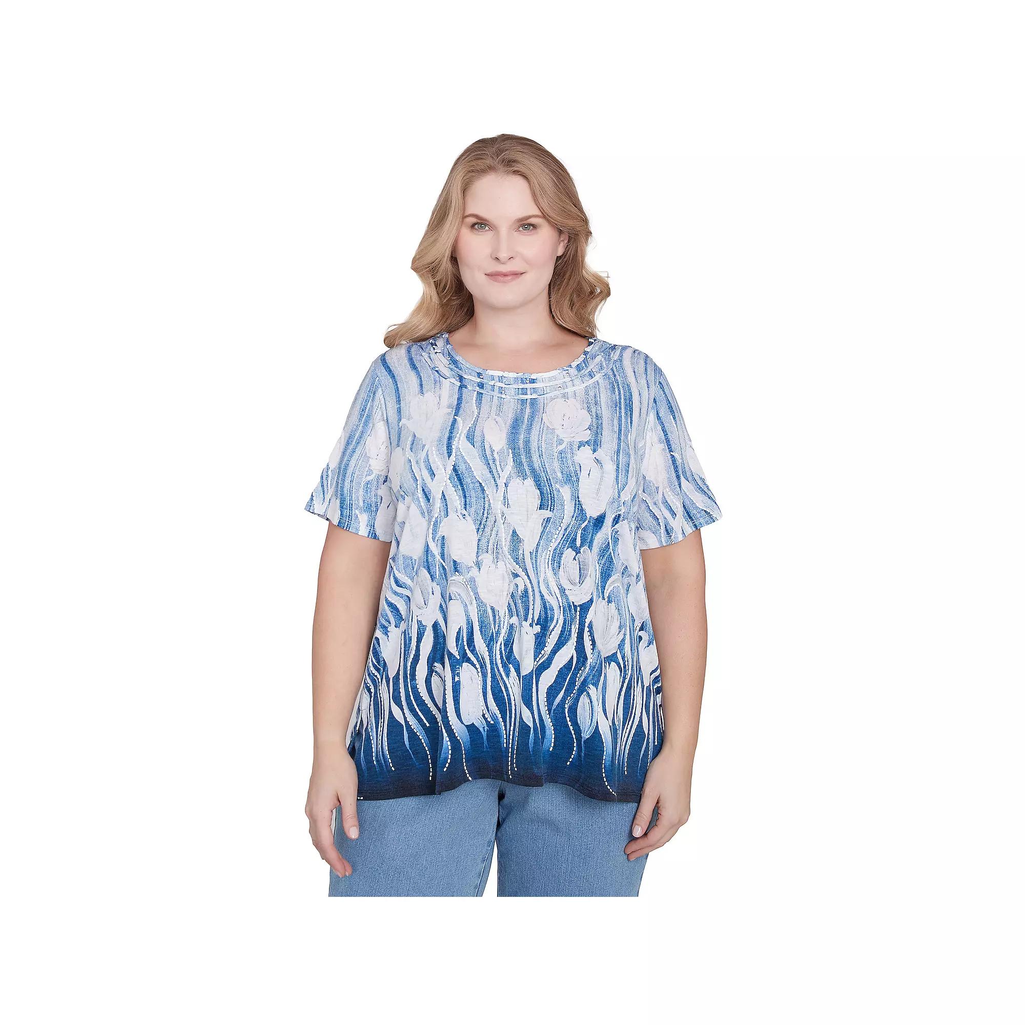 Plus Size Alfred Dunner Tulip Border Knotted Neckline Tee, Women's, Size: 2XL, Blue Product Image
