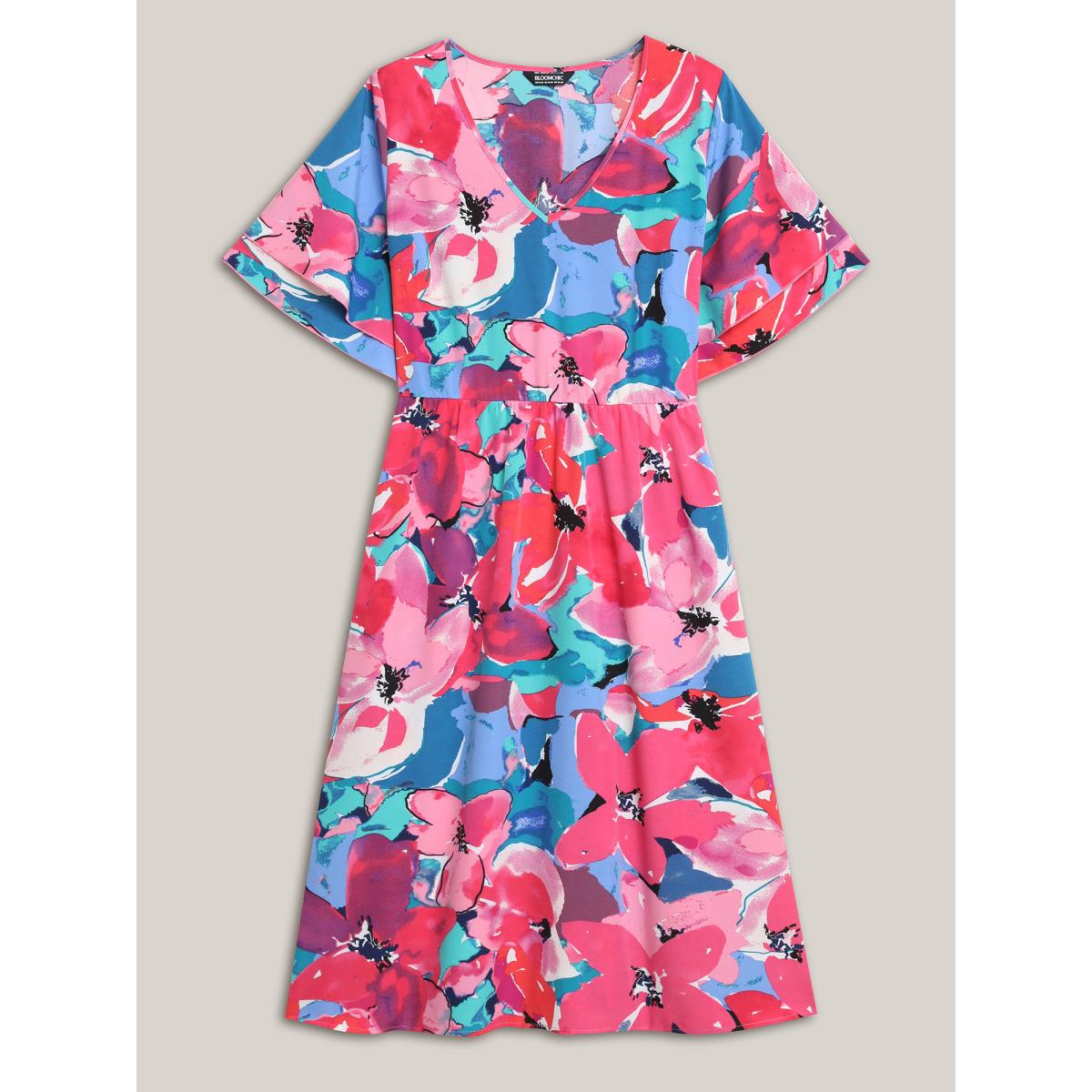 Plus Size Multi-Color Floral V-Neck Pockets Midi Dress Skyblue Women Elegant Ruffles V-neck Short sleeve Curvy BloomChic 12/L Product Image