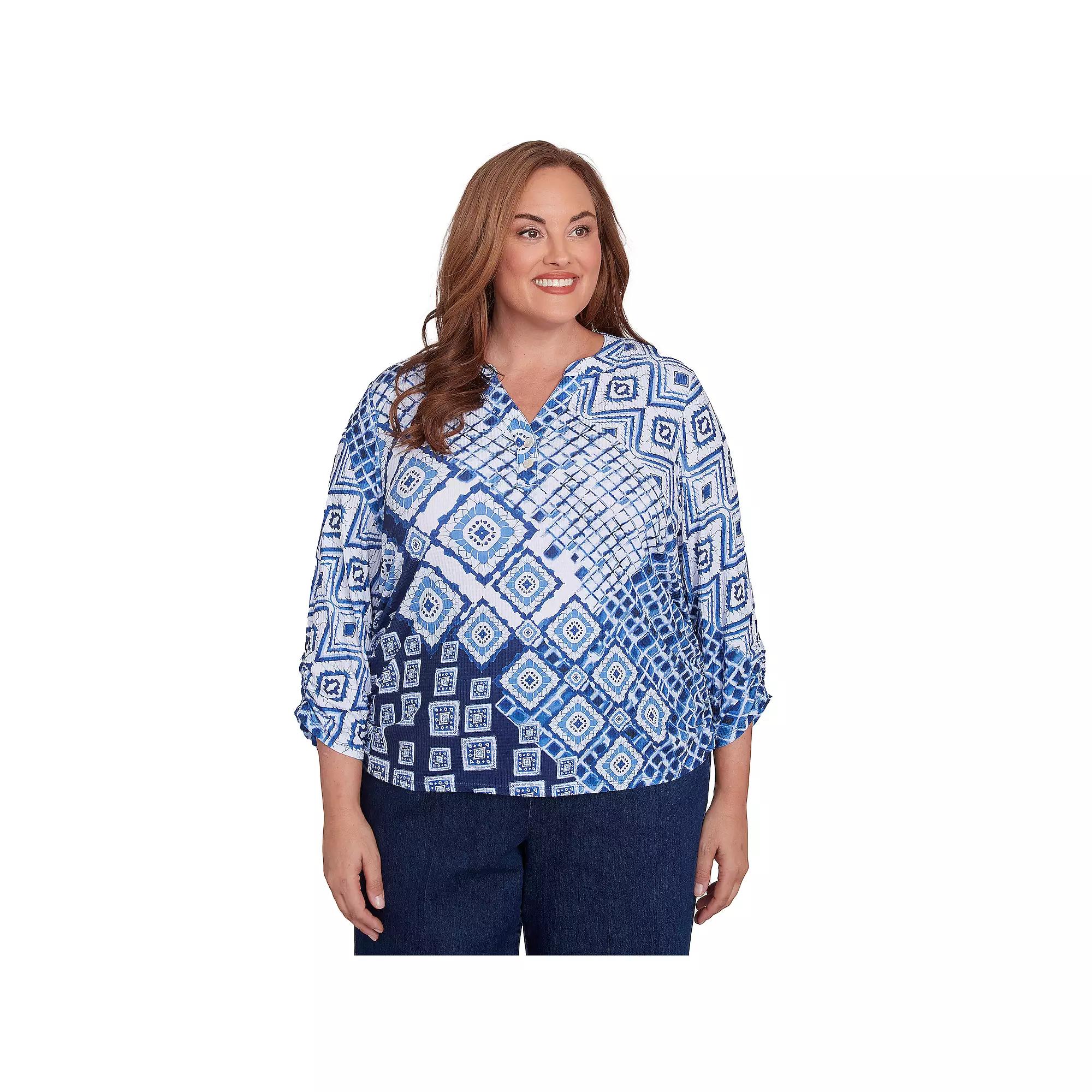 Plus Size Alfred Dunner Ikat Patched Geometric Top, Women's, Size: 2XL, Blue Team Product Image