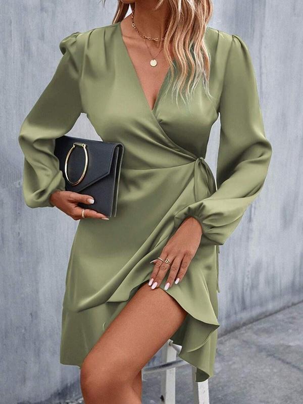 High Waisted High-Low Elasticity Pleated Solid Color Split-Joint Tied V-Neck Mini Dresses Product Image