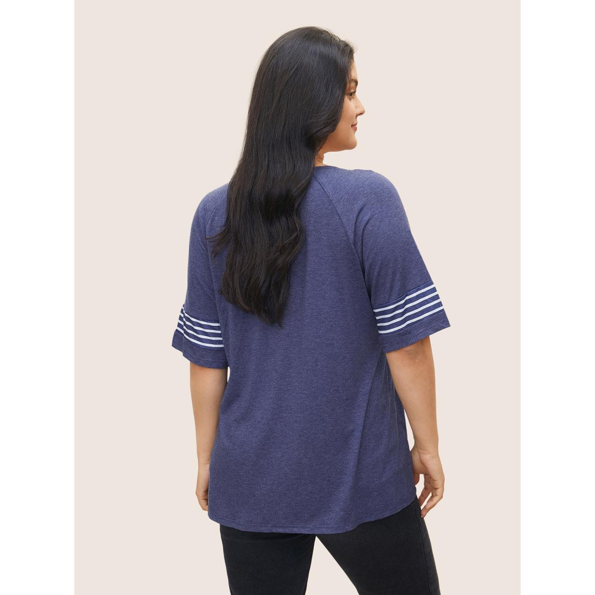 Plus Size Striped Contrast Raglan Sleeve Crew Neck T-shirt Indigo Women Casual Plain Everyday T-shirts BloomChic 14-16/1X Product Image