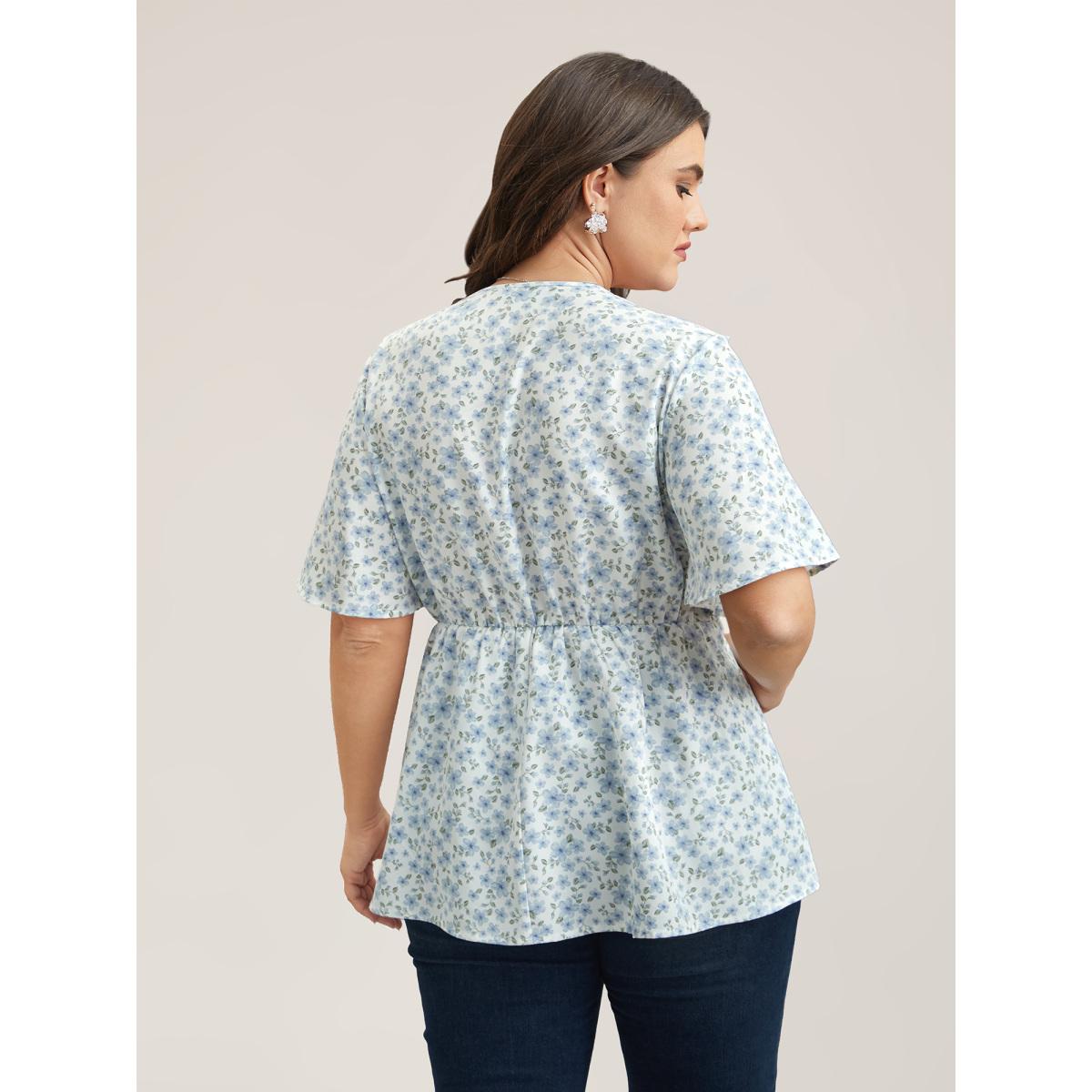 Plus Size LightBlue Floral Ruffled Pintucks Flared Sleeve Shirt Women Elegant Short sleeve V-neck Everyday Blouses BloomChic 18-20/2X Product Image