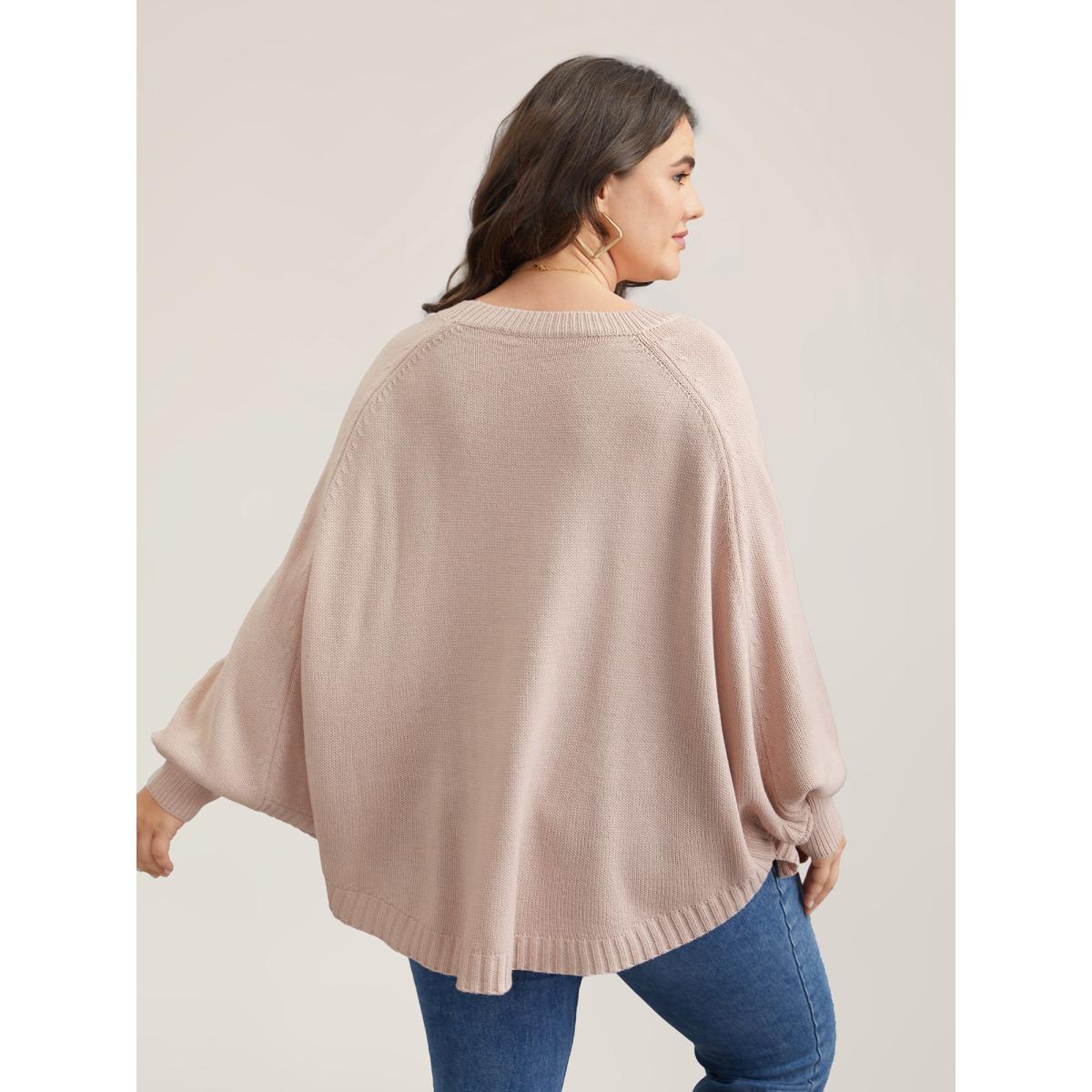 Plus Size Bat Sleeve Curved Hem Pullover MistyRose Women Casual Loose Long Sleeve Round Neck Everyday Pullovers BloomChic 12/L Product Image
