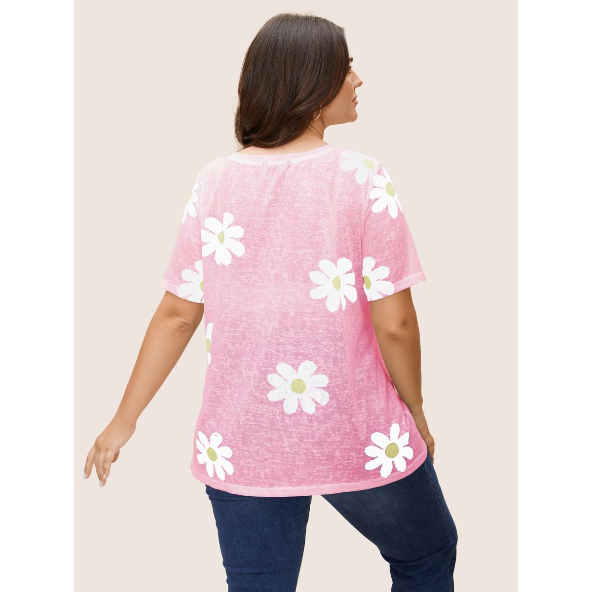 Plus Size Colored Floral V Neck See Through T-Shirt Blush Women Playful See through Art&design V-neck Casual T-shirts BloomChic 10/M Product Image