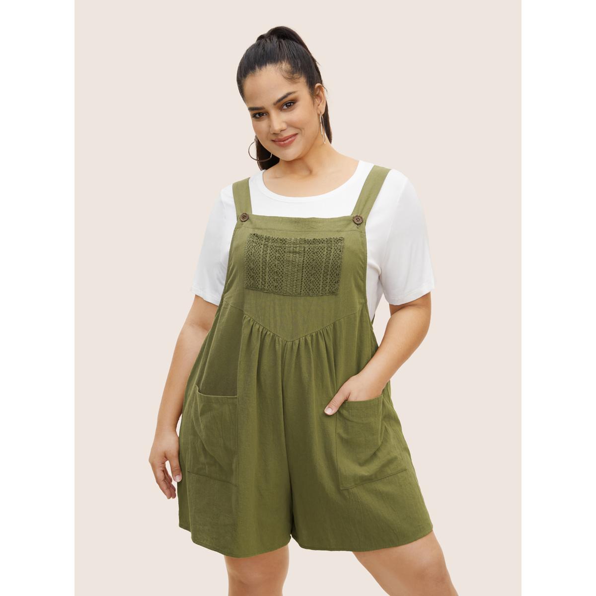 Plus Size ArmyGreen Cotton Plain Textured Patch Pocket Jumpsuit Women Casual Sleeveless Square Neck Everyday Loose Jumpsuits BloomChic 12/L Product Image