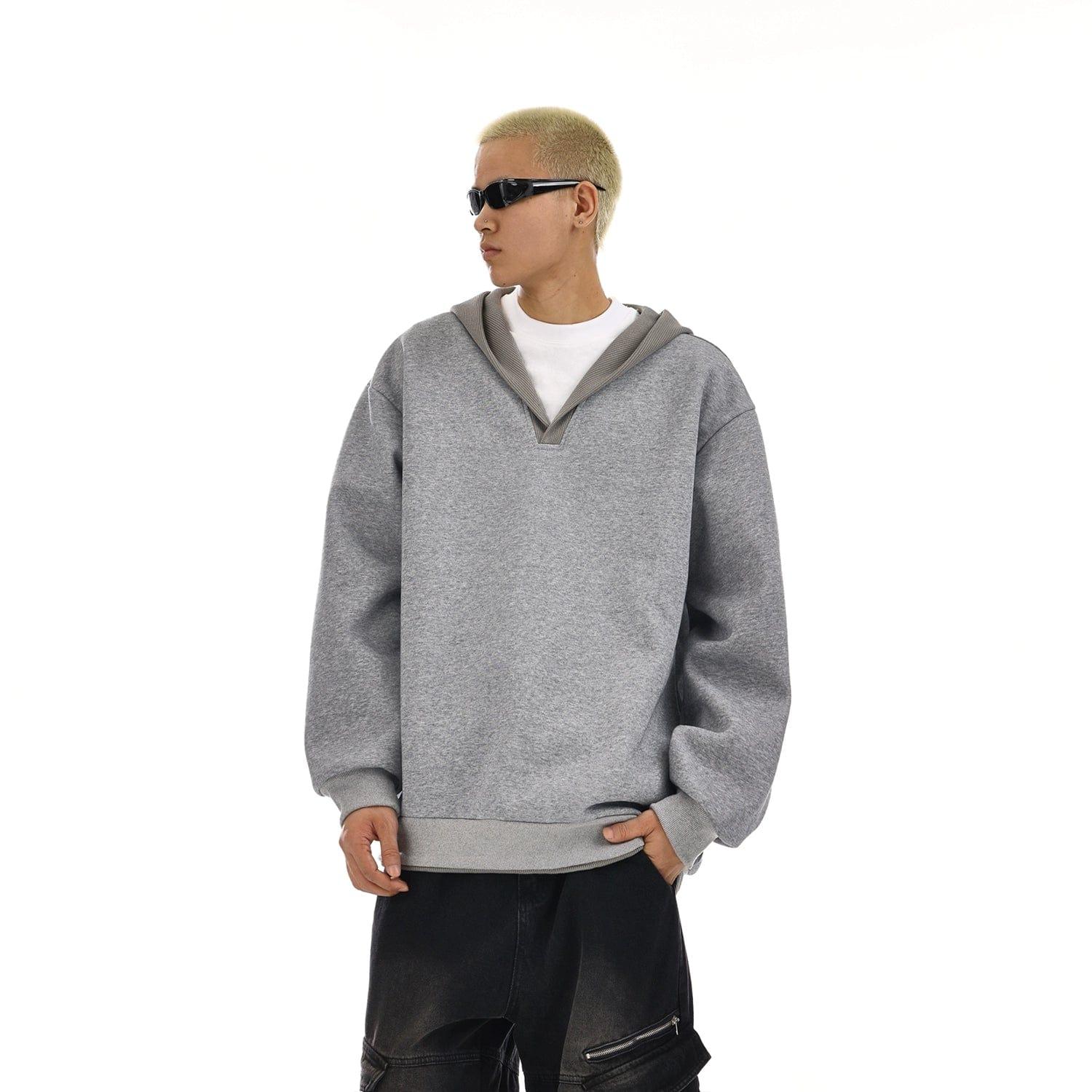 RT No. 12129 BLACK V-NECK PULLOVER HOODIE Product Image