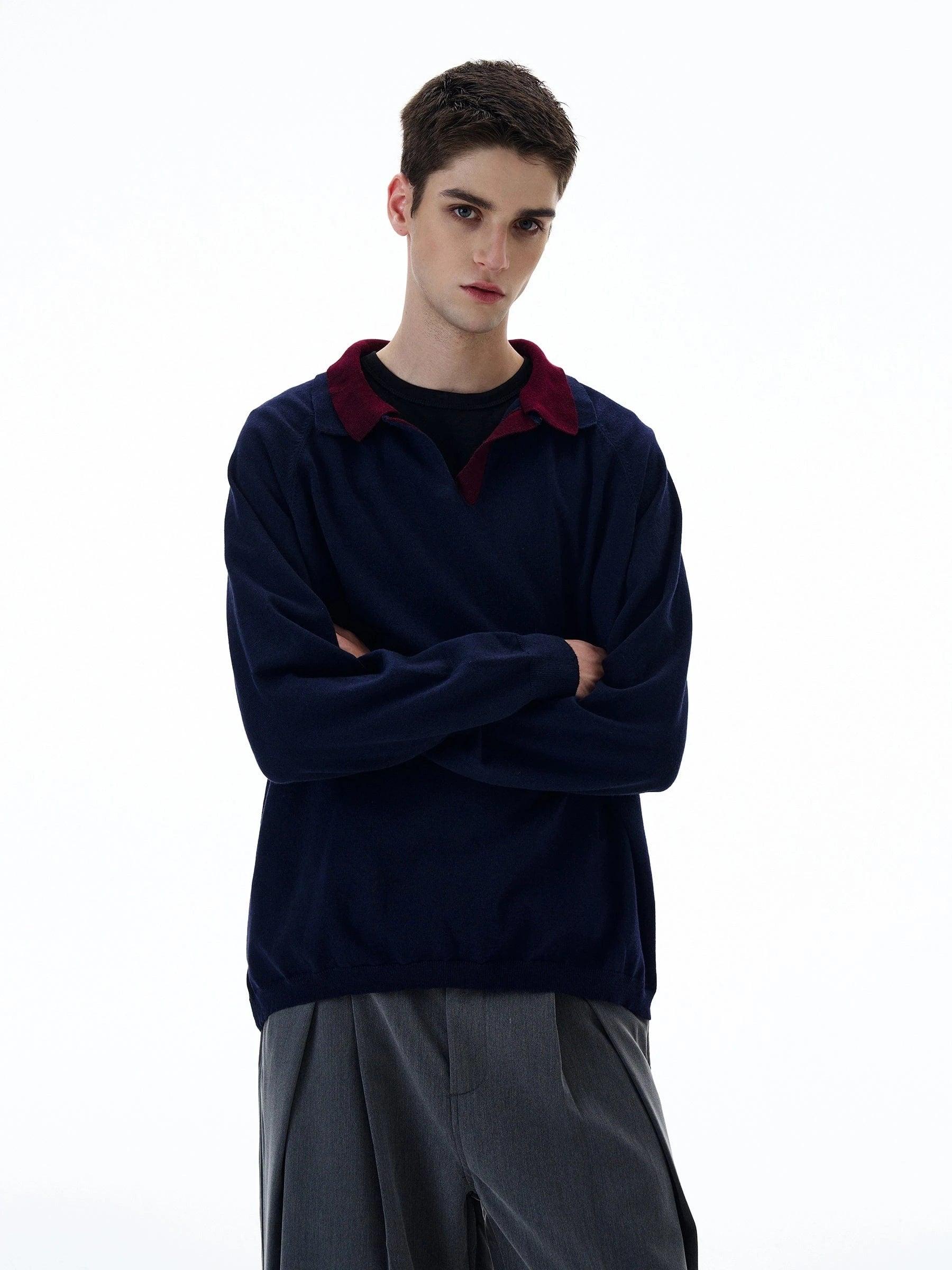 RT No. 20023 KNIT NAVY POLO COLLAR SWEATER Product Image