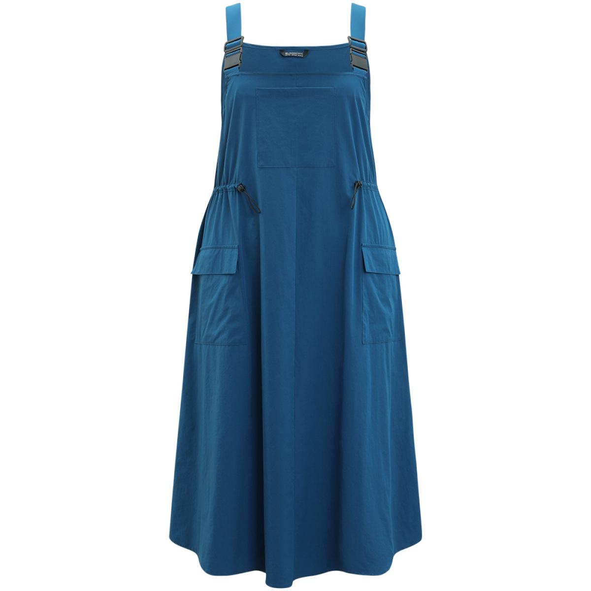 Plus Size Solid Drawstring Flap Pocket Overall Cami Dress Aegean Women Casual Adjustable Straps Spaghetti Strap Sleeveless Curvy Midi Dress BloomChic 10/M Product Image