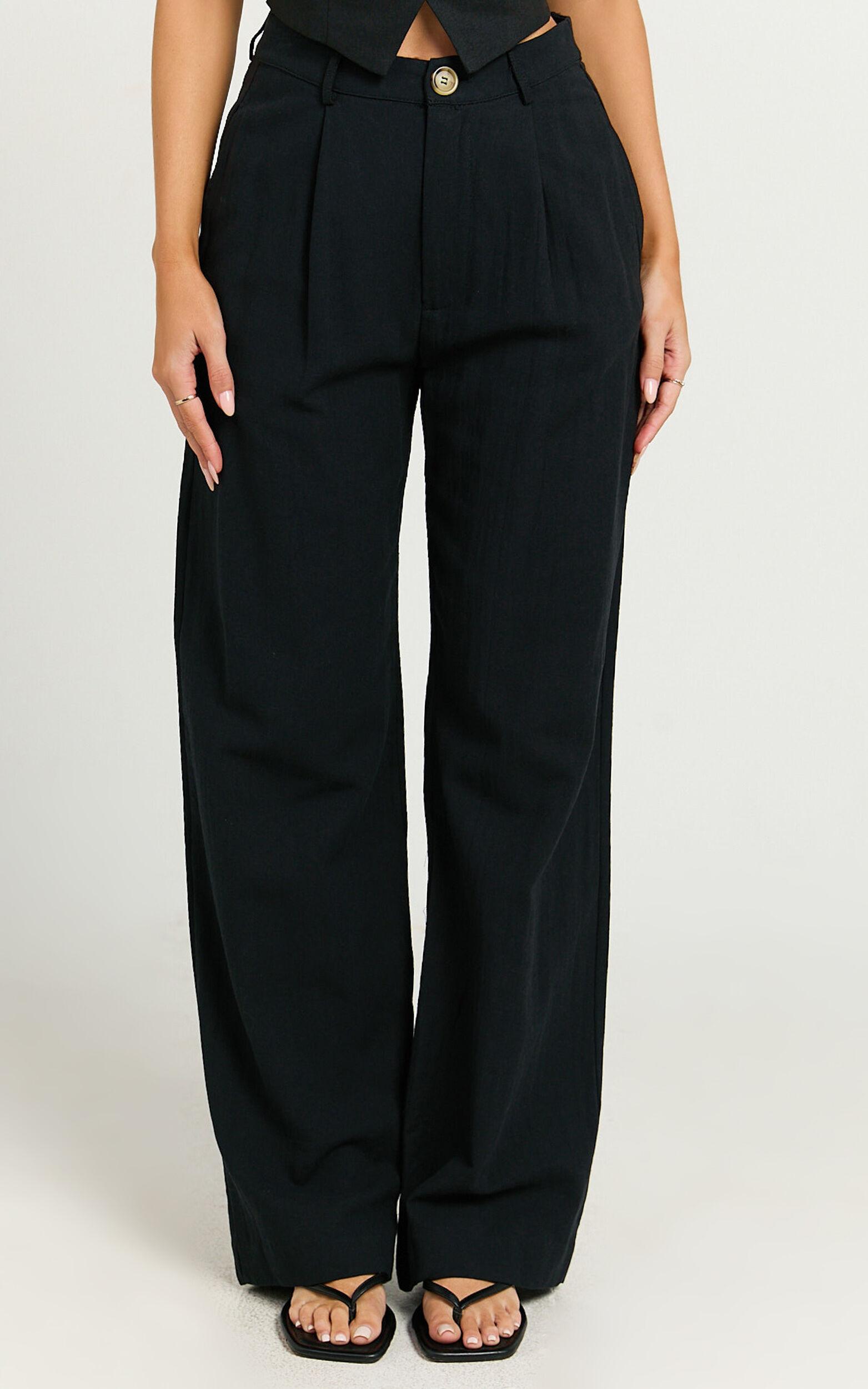 Larissa Trousers - Linen Mid Waisted Relaxed Straight Leg Trousers in Black Product Image