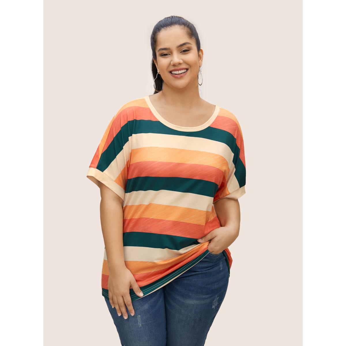 Plus Size Colored Striped Crew Neck Batwing Sleeve T-shirt Multicolor Women Casual Contrast Round Neck Everyday T-shirts BloomChic 28/5X Product Image
