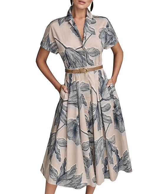 Donna Karan Short Sleeve Belted Button Front Midi Shirt Dress Product Image