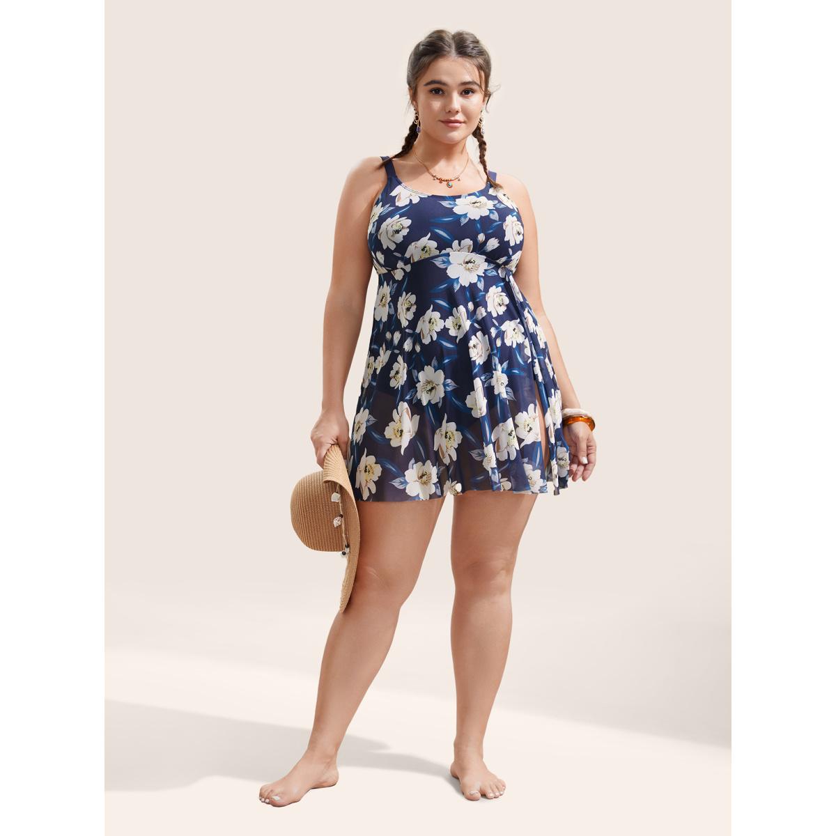 Plus Size Floral Adjustable Straps Split Hem Swim Dress Women's Swimwear Indigo Beach Bodycon U-neck High stretch Curve Swim Dresses BloomChic 22-24/3X Product Image
