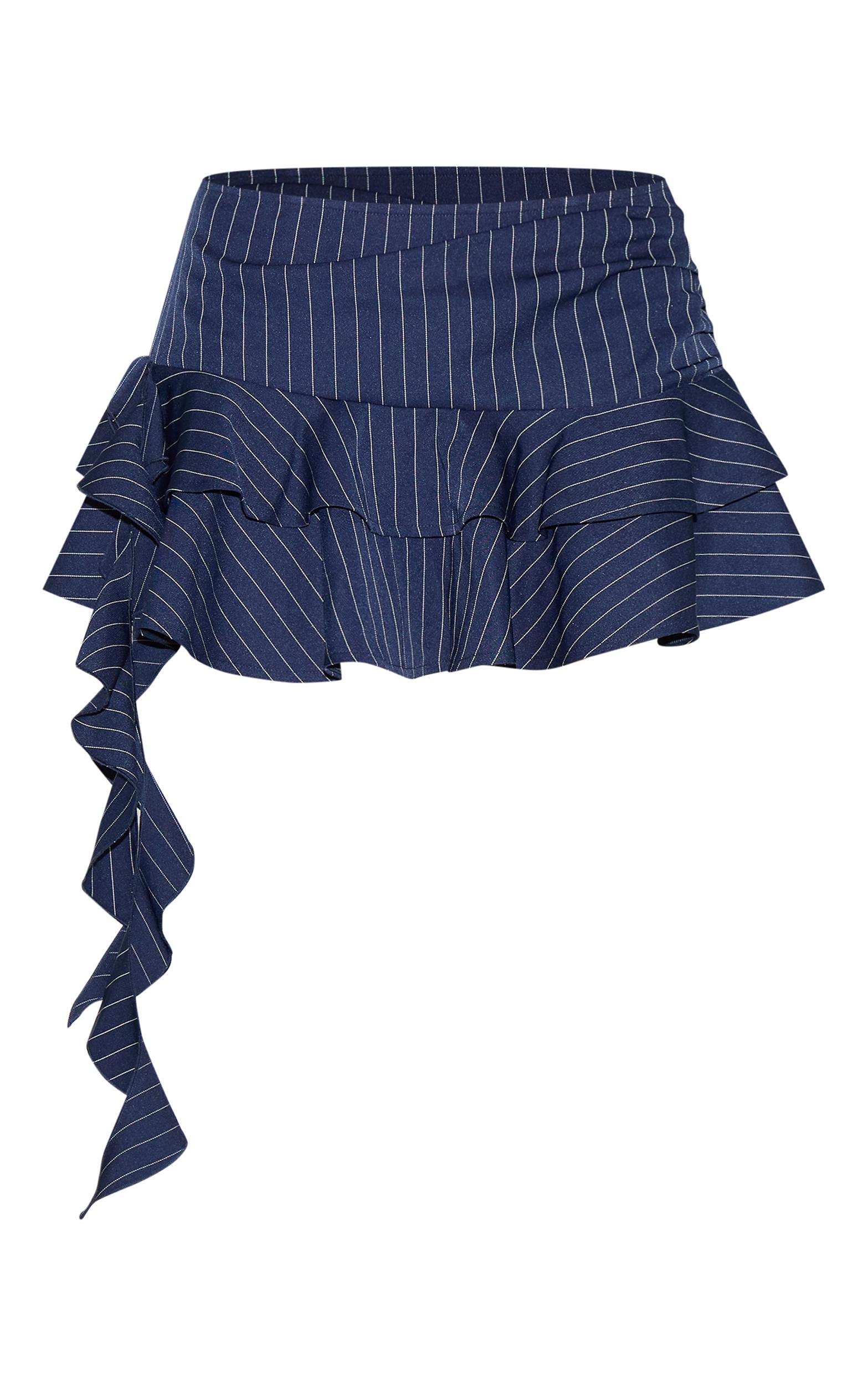 Navy Pinstripe Ruffle Drape Detail Low Rise Mini Skirt Product Image