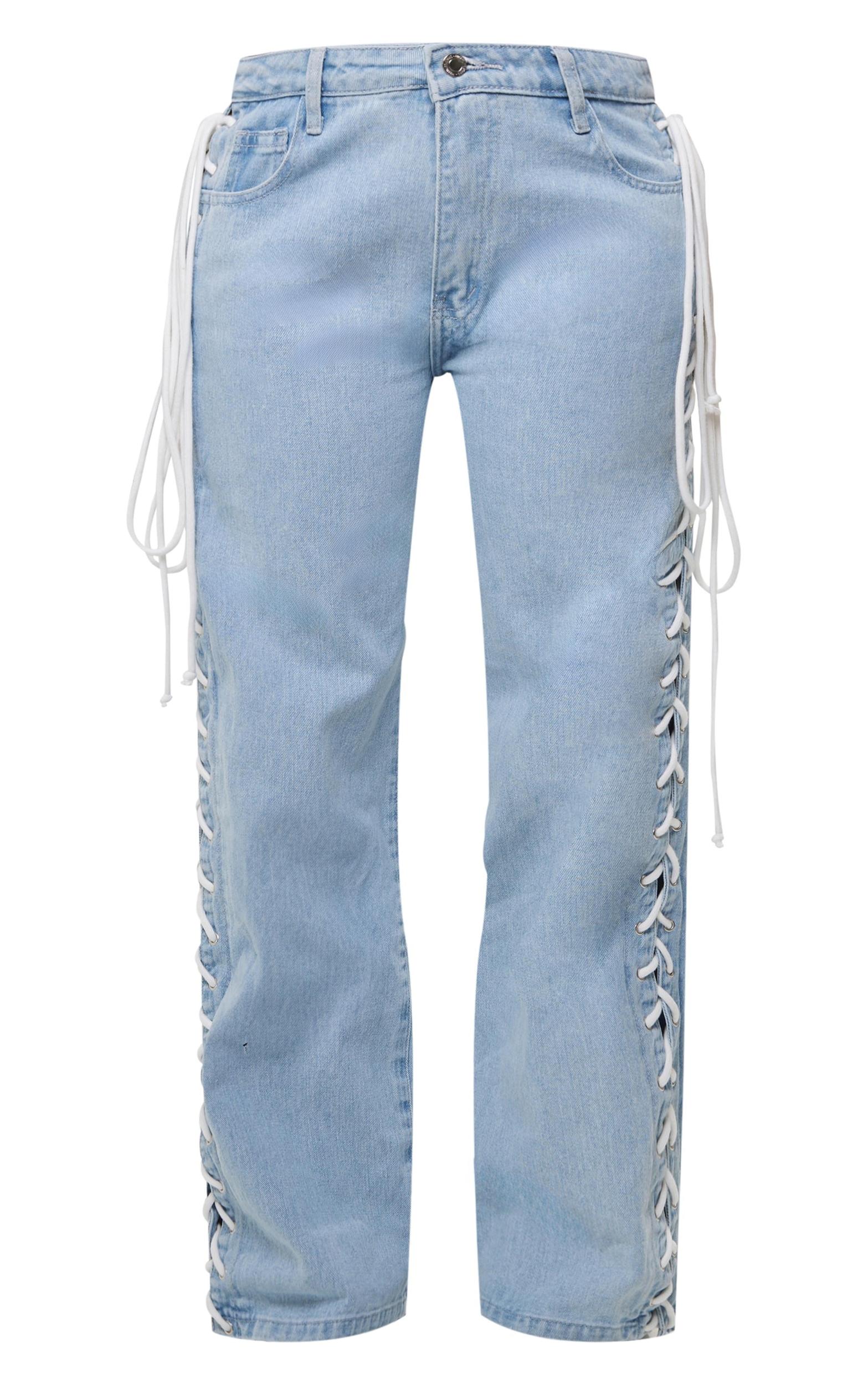 Shape Light Blue Wash Denim Lace Up Detail Wide Leg Jeans Product Image