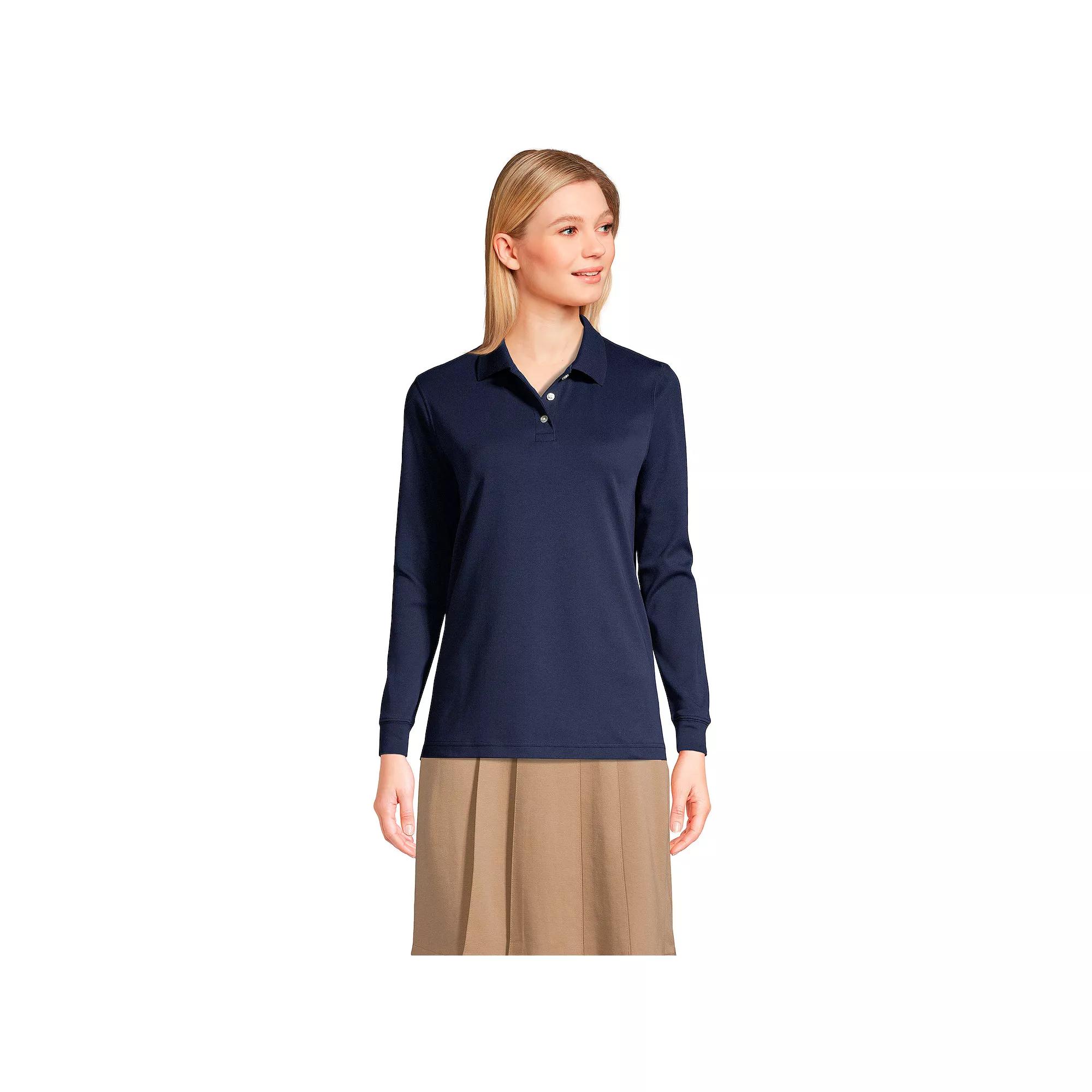 Women's Lands' End School Uniform Long Sleeve 3-Button Interlock Polo Shirt,  Product Image