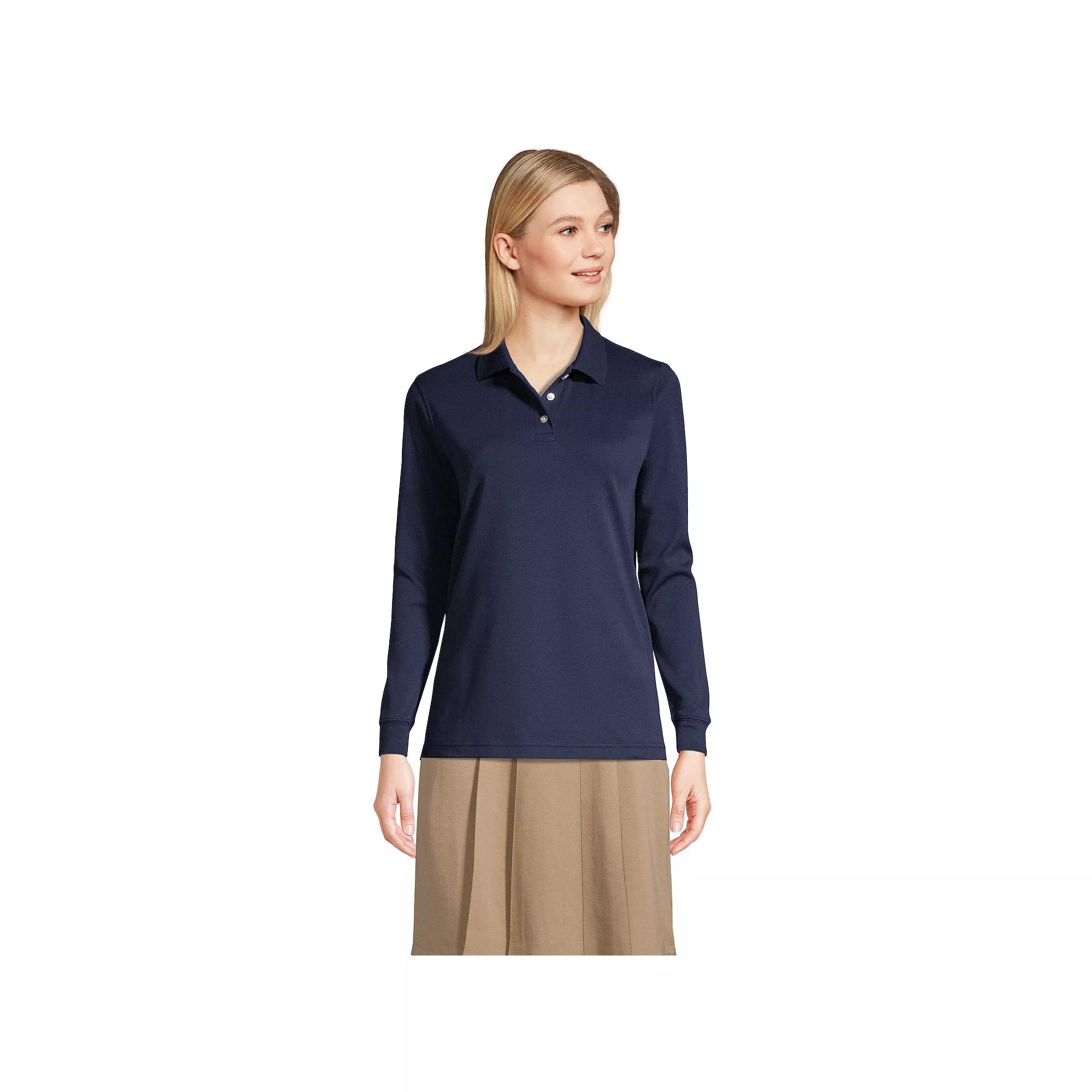 Women's Lands' End School Uniform Long Sleeve 3-Button Interlock Polo Shirt,  Product Image