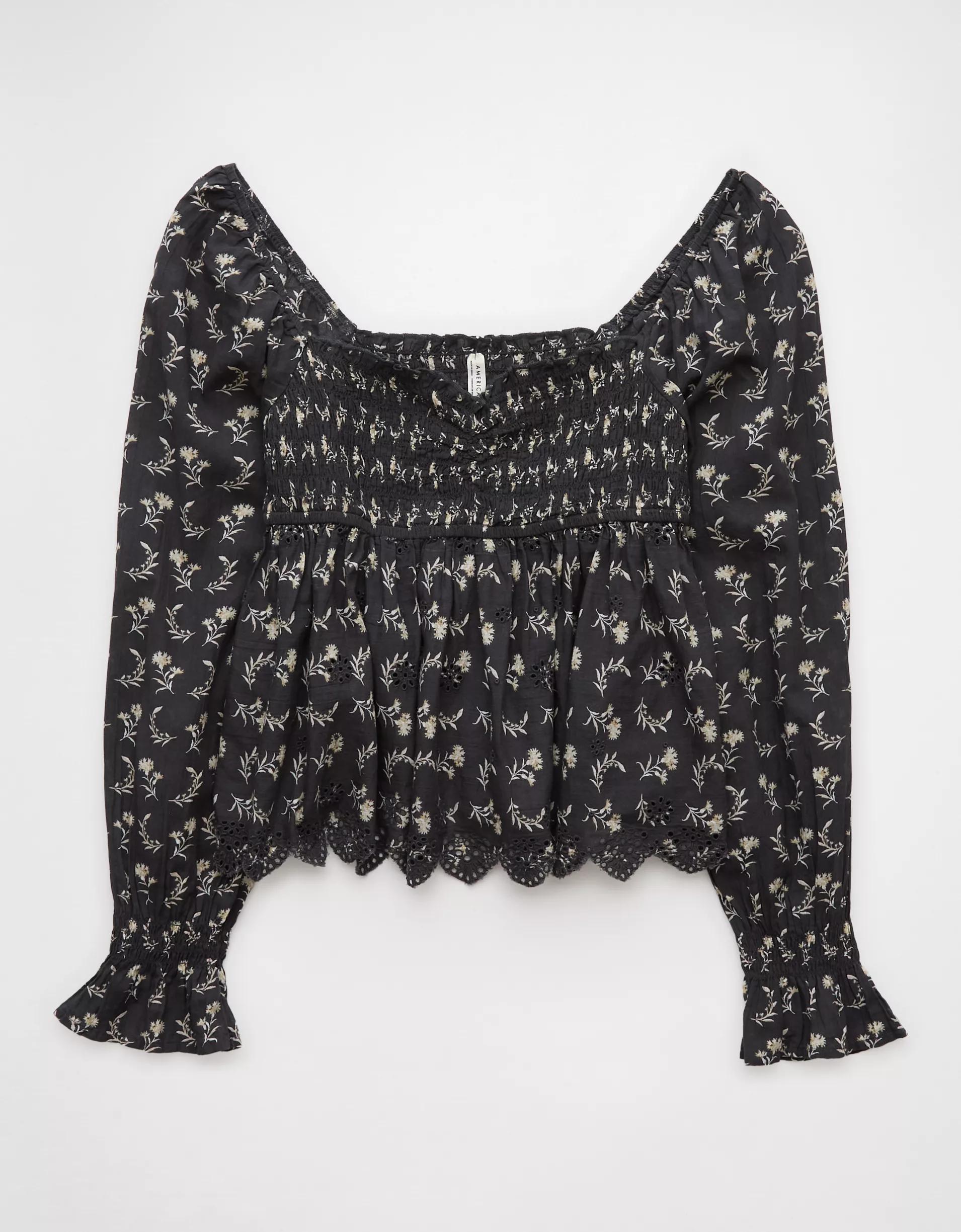 AE Long-Sleeve Smocked Babydoll Blouse Product Image