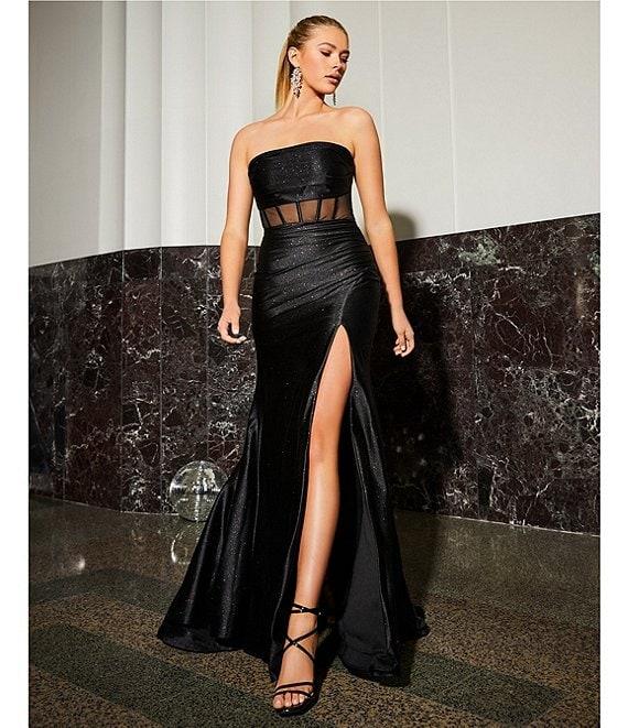 Honey and Rosie Glitter Knit Strapless Corset Front Slit Gown Product Image