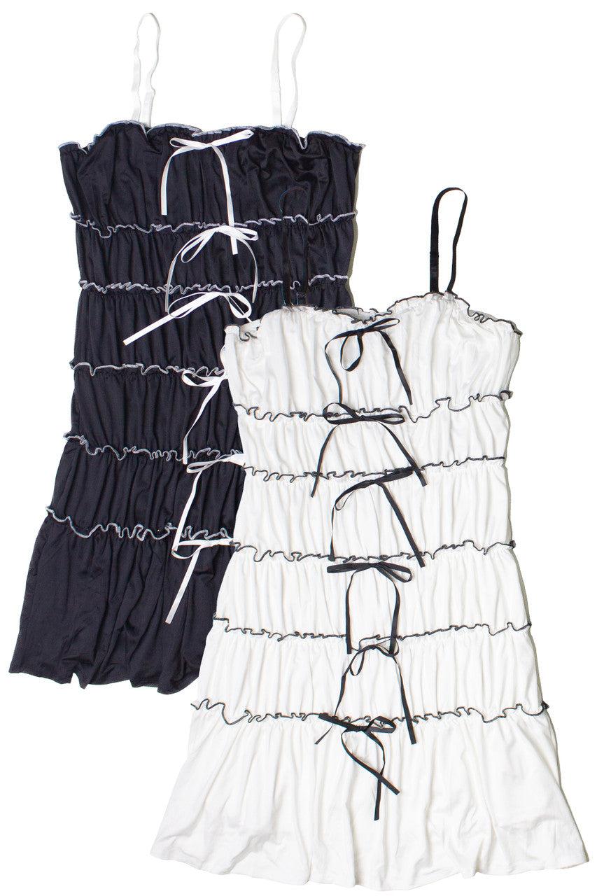 Contrast Stitch Ribbon Bow Tiered Mini Dress Product Image