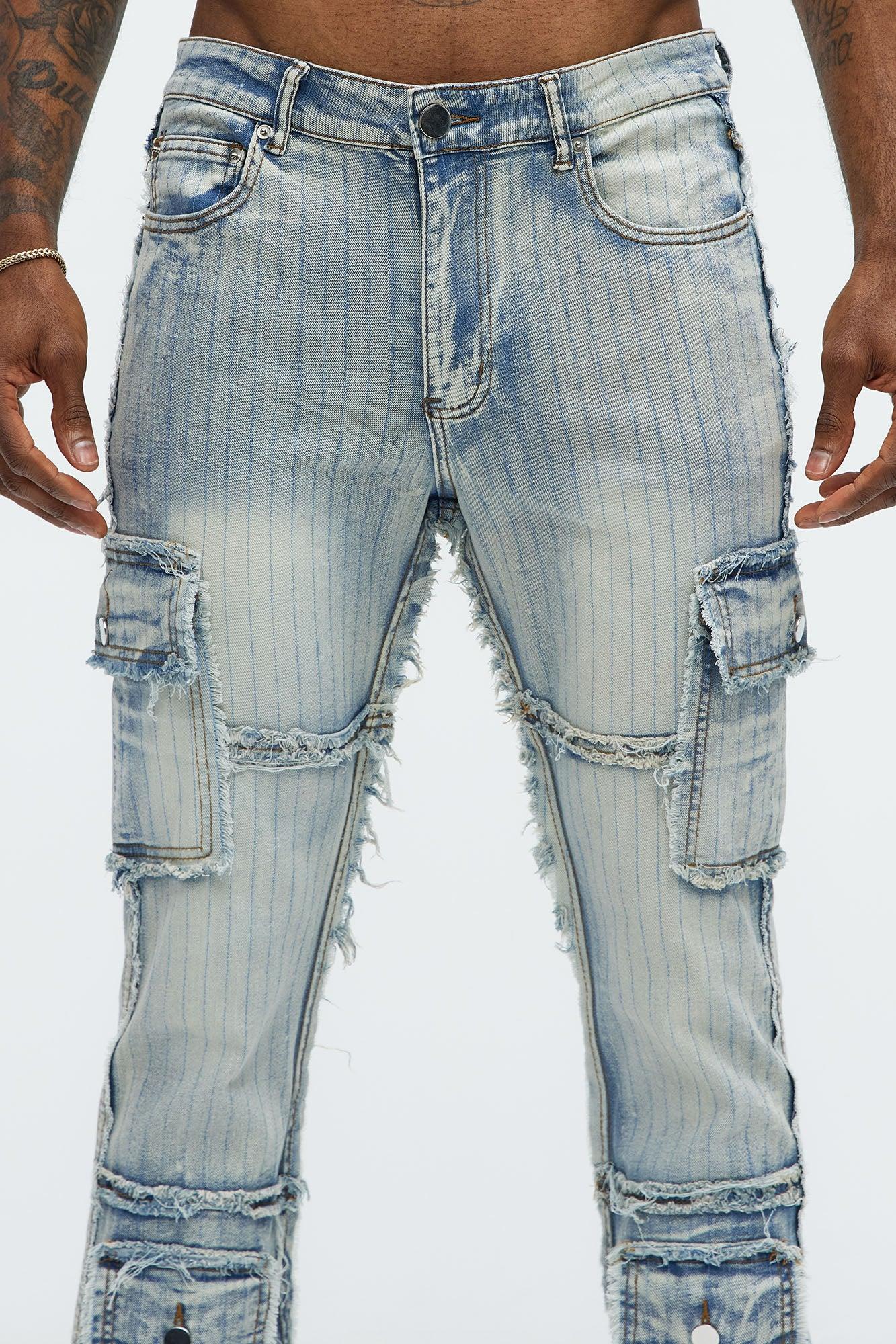 Stitched Down Cargo Stacked Skinny Flare Jeans - Light Wash Product Image
