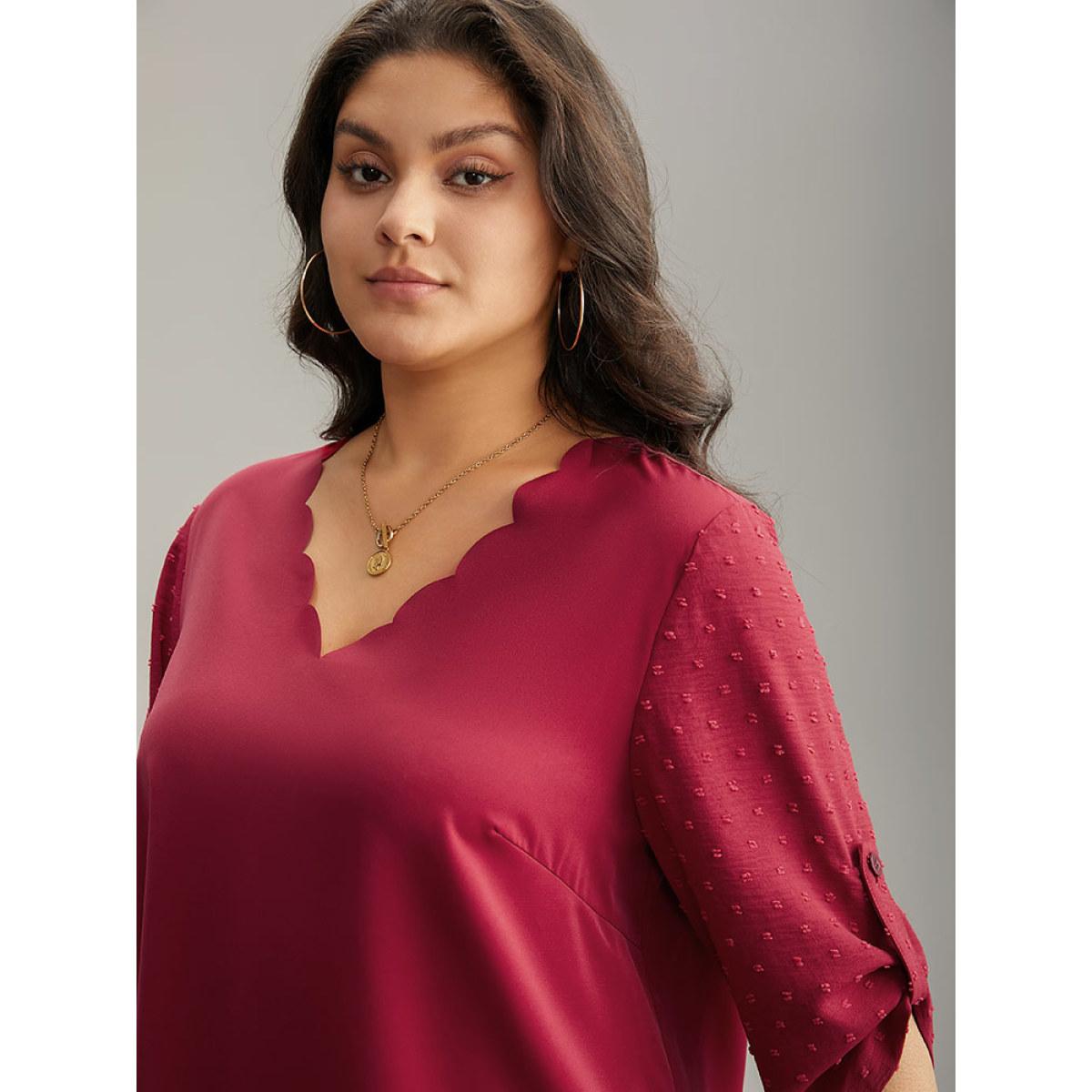 Plus Size Scarlet Plain V Neck Tab Sleeve Scalloped Trim Blouse Women Office Elbow-length sleeve V-neck Office Blouses BloomChic 12/L Product Image