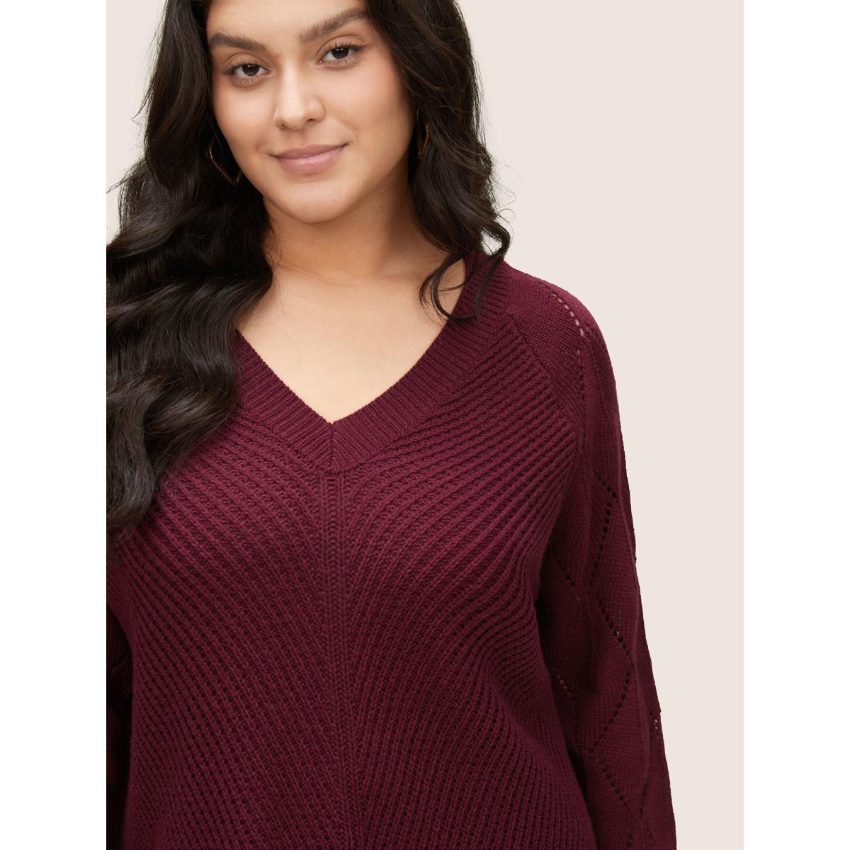 Plus Size Solid Hollow Out Raglan Sleeve Pullover Burgundy Women Casual Loose Long Sleeve V-neck Dailywear Pullovers BloomChic 28/5X Product Image