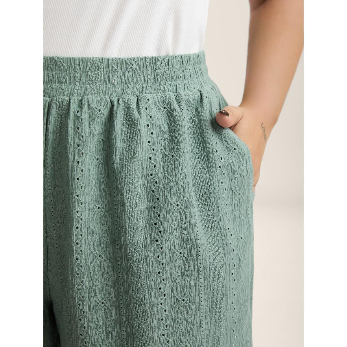 Plus Size Eyelet Trim Textured Breezy Shorts Women Greenbean Casual Texture Straight Leg Casual Shorts BloomChic 22-24/3X Product Image