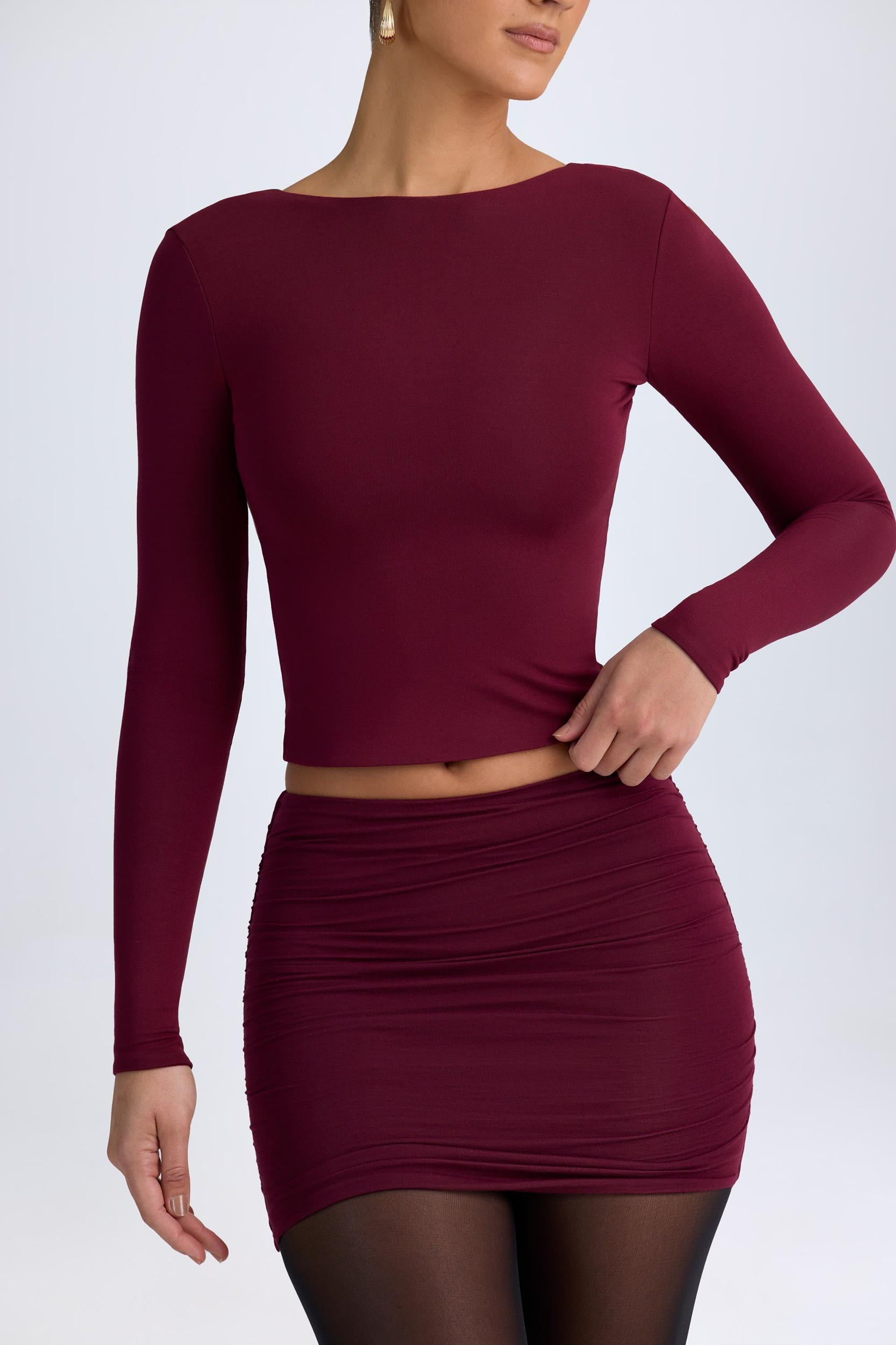Modal High Neck Long Sleeve Open Back Top in Wine Red Product Image