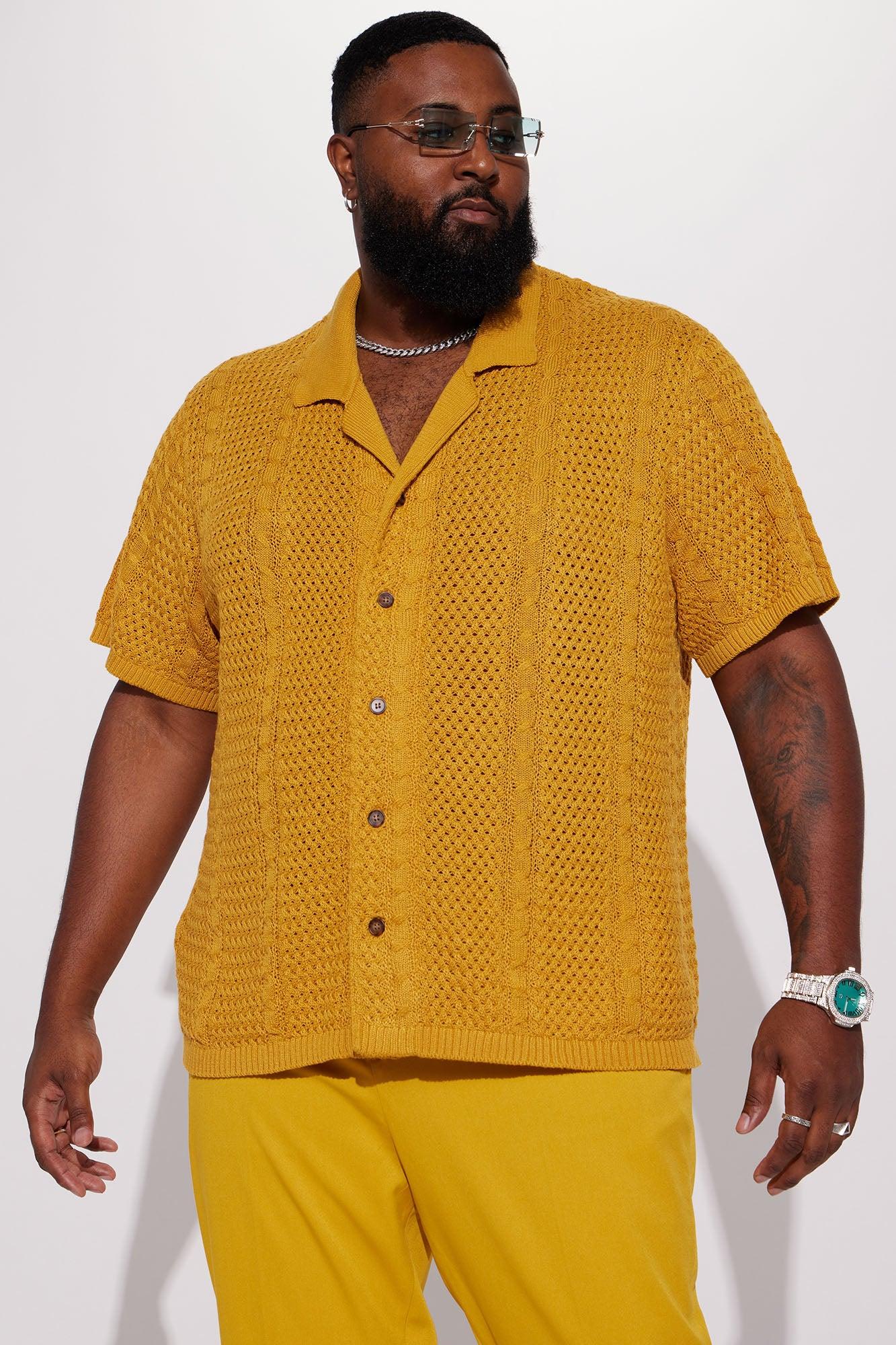 Unwind Cable Knit Short Sleeve Button Up - Mustard Product Image