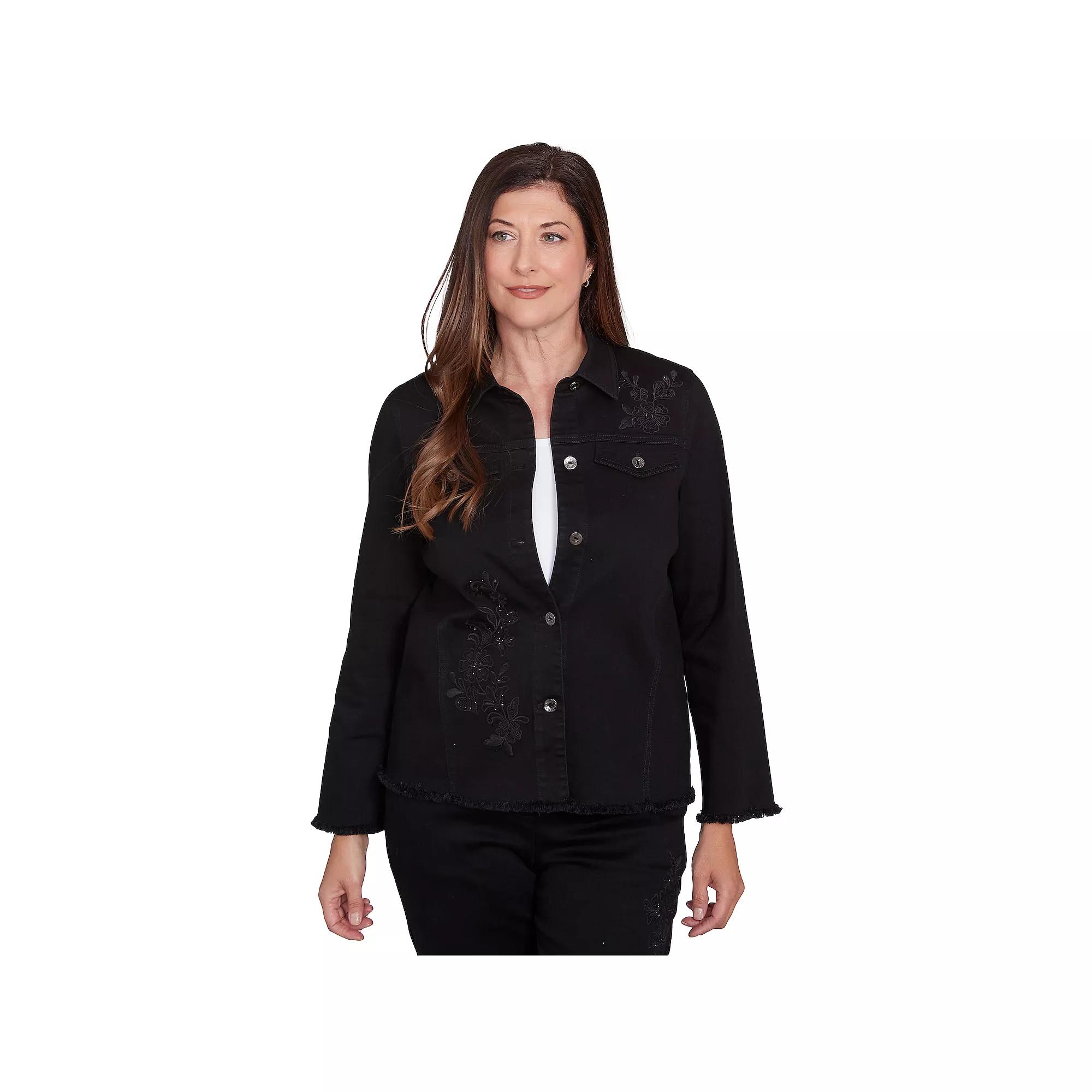 Petite Alfred Dunner Heart Floral Embroidered Denim Jacket, Women's, Size: Small Petite, Black Product Image