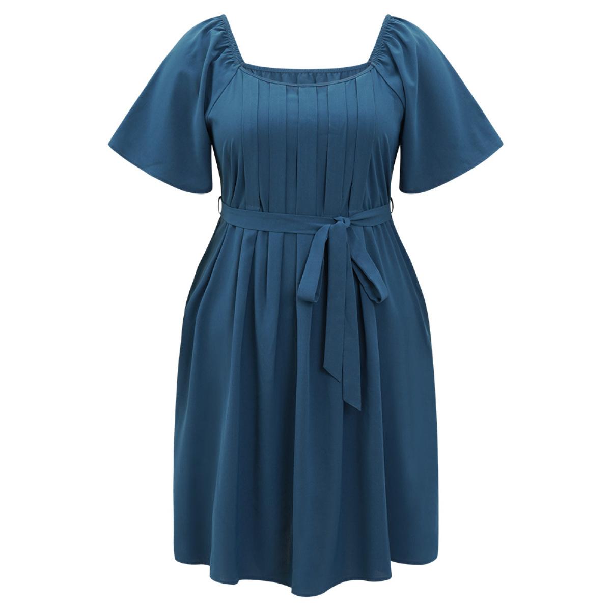 Plus Size Plain Pocket Belted Pleated Raglan Sleeve Dress Aegean Women Office Gathered Round Neck Short sleeve Curvy Midi Dress BloomChic 10/M Product Image