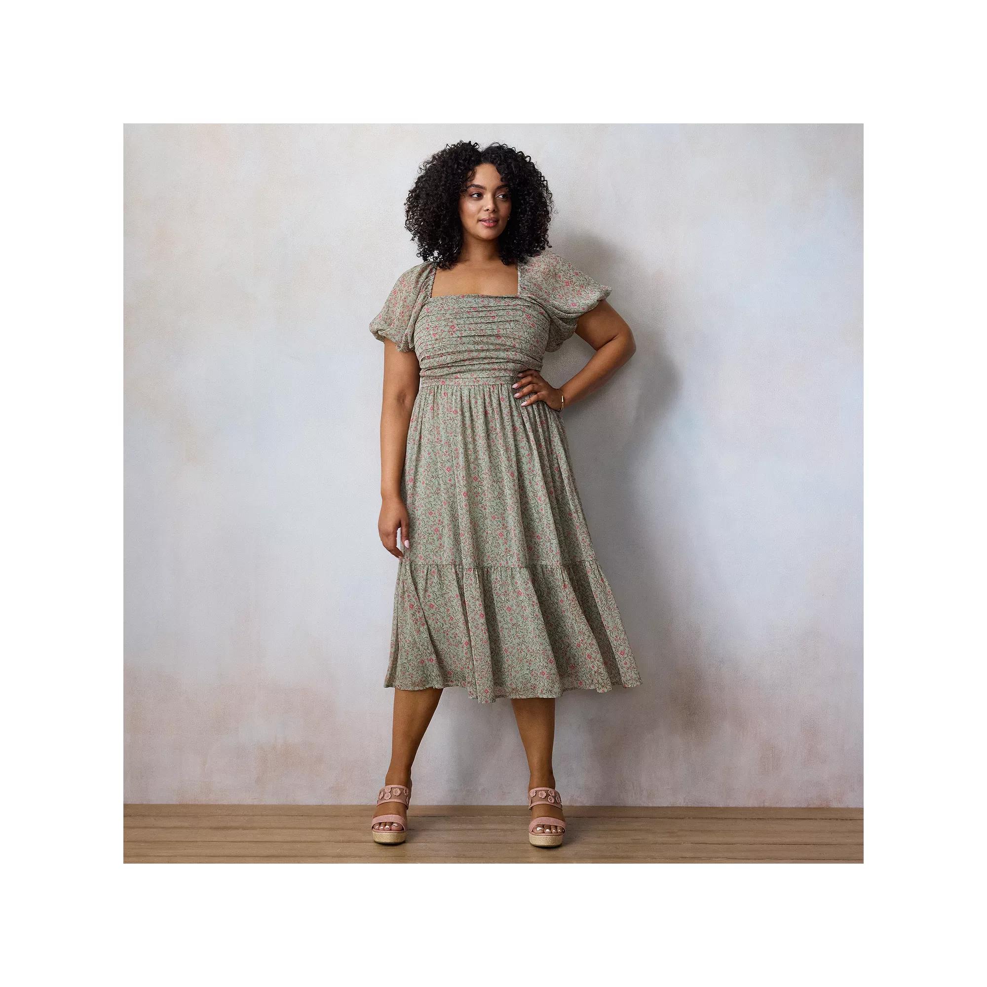 Plus Size LC Lauren Conrad Pleated Bodice Midi Dress, Women's, Size: 3XL, Green Virginia Vines Product Image