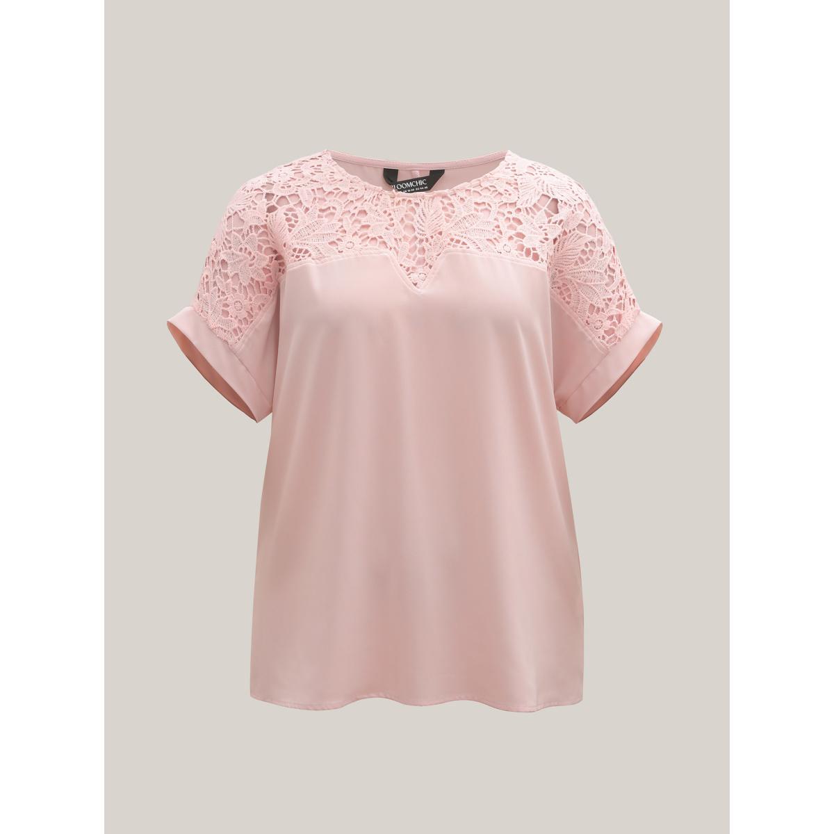 Plus Size Nudepink Sheer Lace Neck Half Sleeve Shirt Women Elegant Short sleeve Round Neck Everyday Blouses BloomChic 18-20/2X Product Image