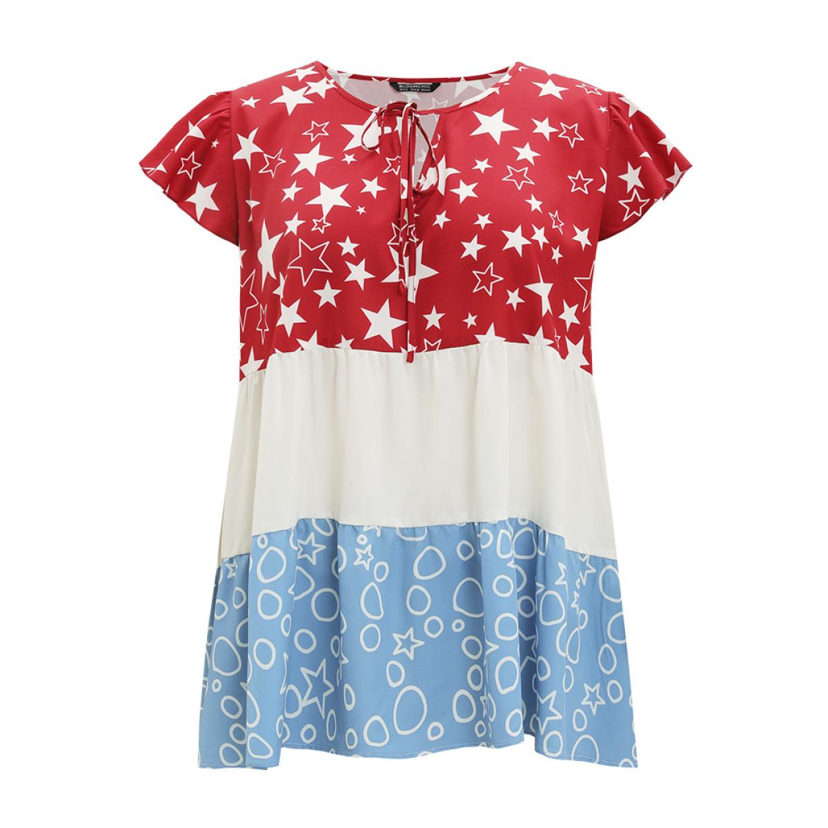 Plus Size Multicolor Star & Geo Graphic Knot Neck Patchwork Blouse Women Elegant Cap Sleeve Tie Neck Dailywear Blouses BloomChic 28/5X Product Image