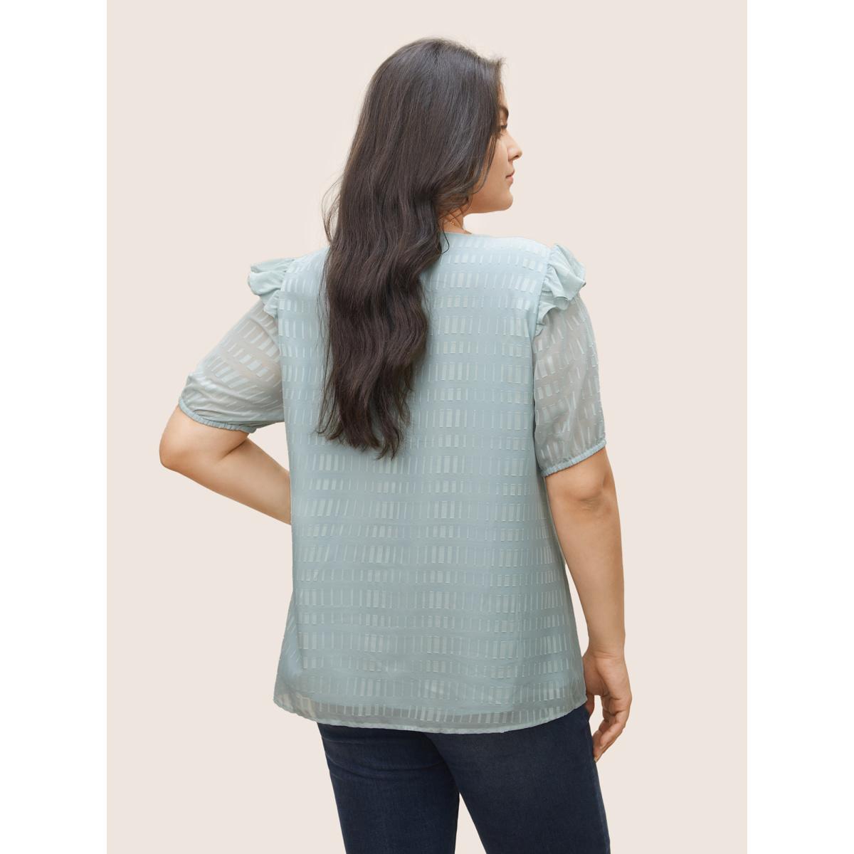 Plus Size LightBlue Solid Textured Gathered Ruffles Button Detail Blouse Women Elegant Short sleeve V-neck Everyday Blouses BloomChic 14-16/1X Product Image