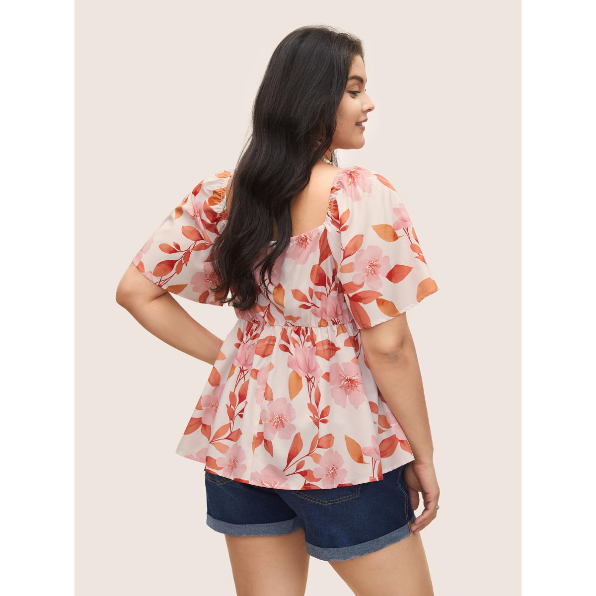 Plus Size Apricot Floral Ruffle Sleeve Elastic Waist Blouse Women Resort Short sleeve Square Neck Vacation Blouses BloomChic 18-20/2X Product Image