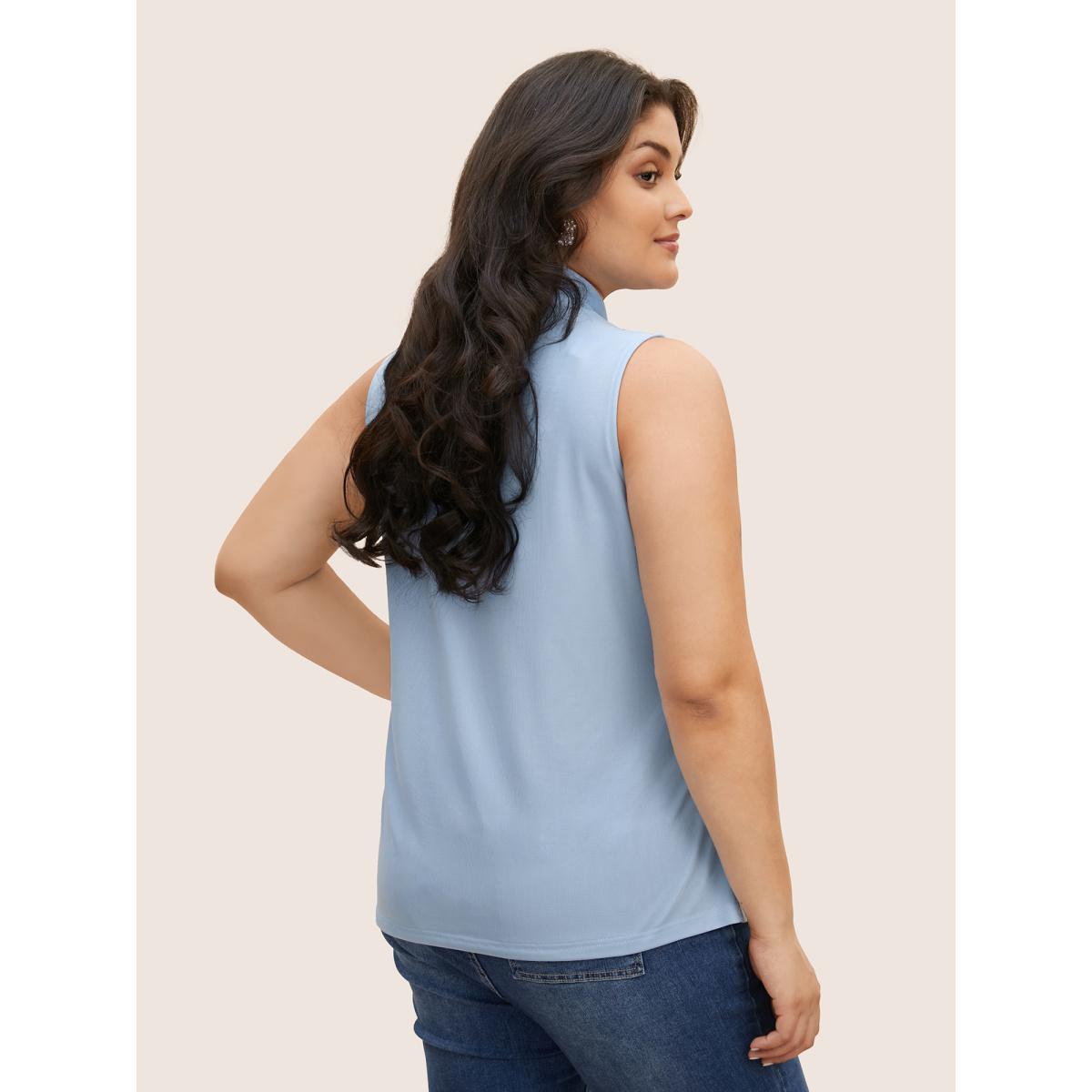 Plus Size Overlap Collar Solid Pleated Tank Top Women LightBlue Elegant Pleated Overlap Collar Everyday Tank Tops Camis BloomChic 30/6X Product Image