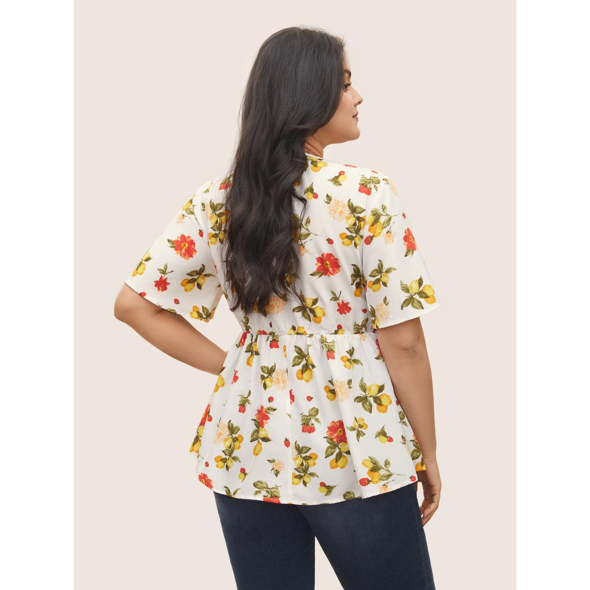 Plus Size Ivory Citrus Lemon Print Elastic Waist Shirred Wrap Ruffles Blouse Women Elegant Short sleeve Overlap Collar Everyday Blouses BloomChic 22-24/3X Product Image