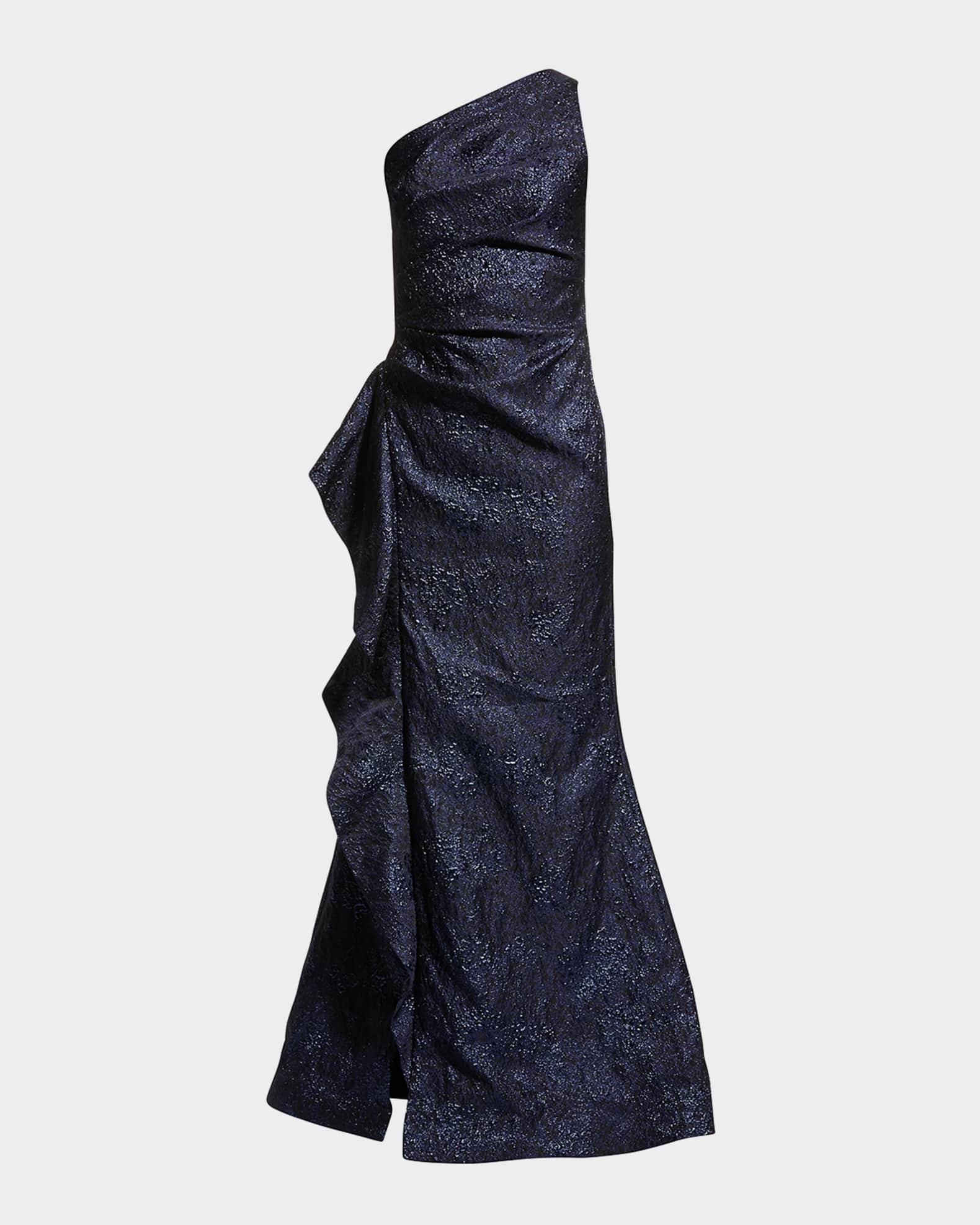 Womens Metallic Jacquard One-Shoulder Gown Product Image