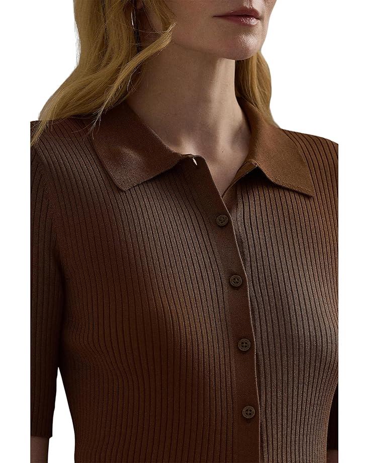 Women's Lauren Ralph Lauren Rib-Knit Elbow-Sleeve Polo Cardigan Product Image